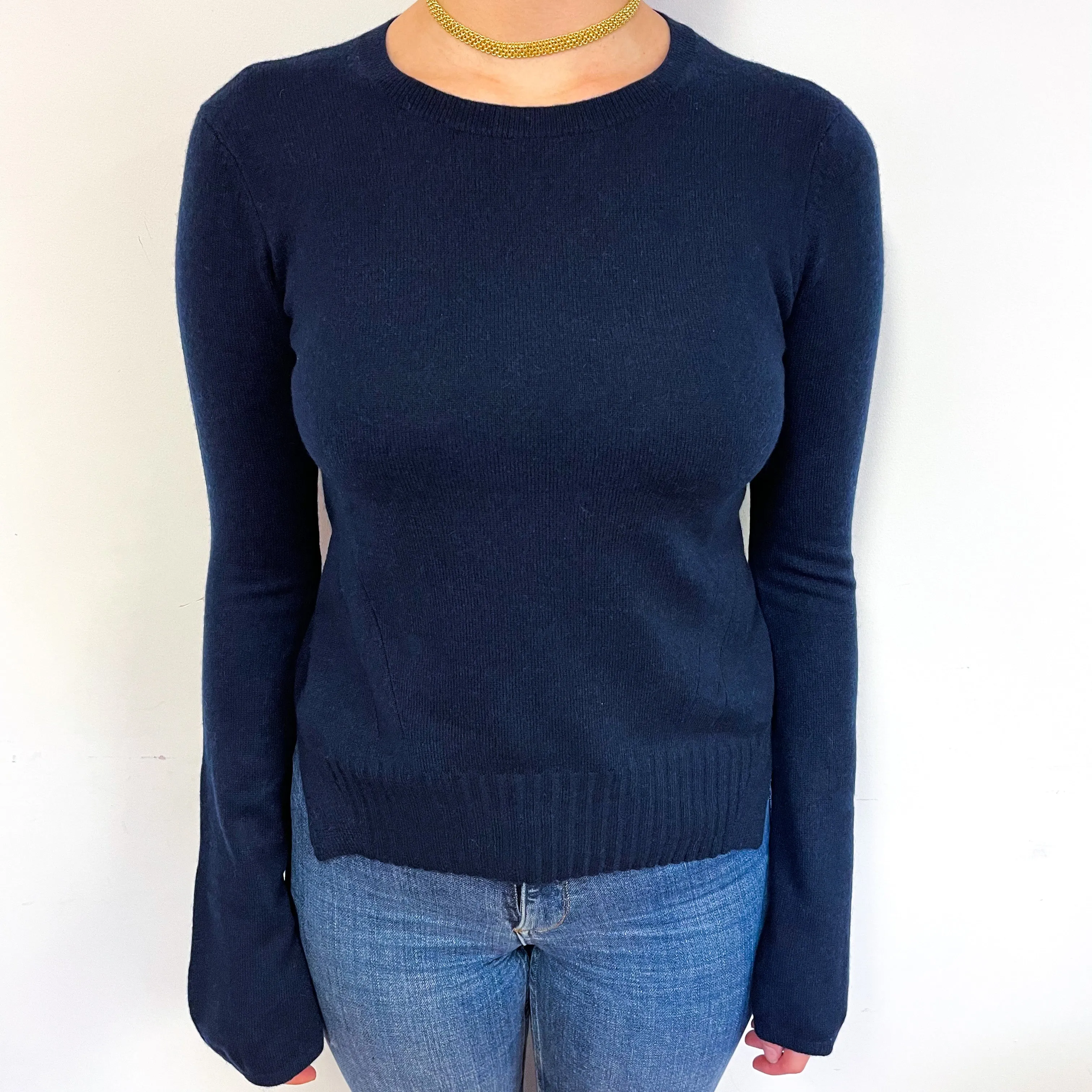 Navy Blue Bell Sleeve Cashmere Crew Neck Jumper Small