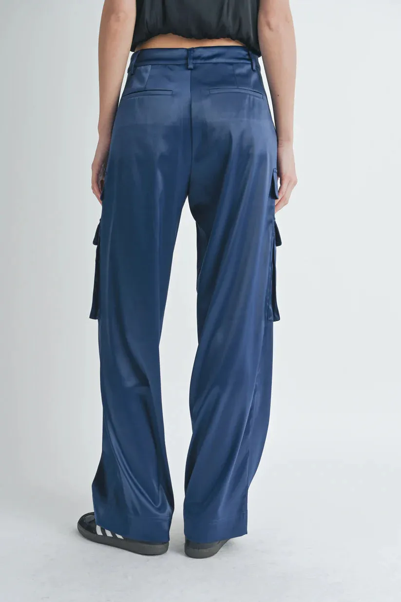 Navy Satin Cargo Pants