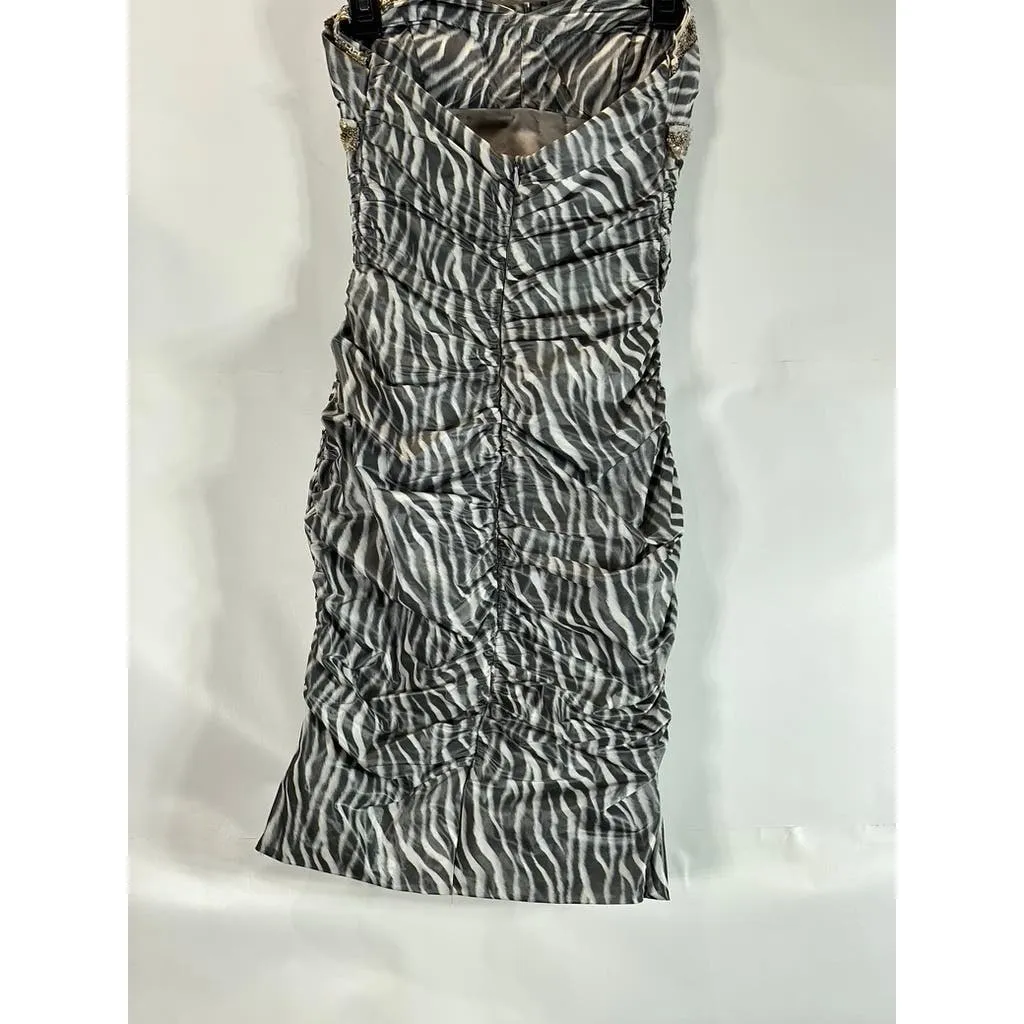 NICOLE BAKTI Vintage y2k Women's Strapless Bodycon Zebra Beaded Mini Dress SZ S