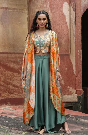 Orange Satin Printed Choli Palazzo Cape Set