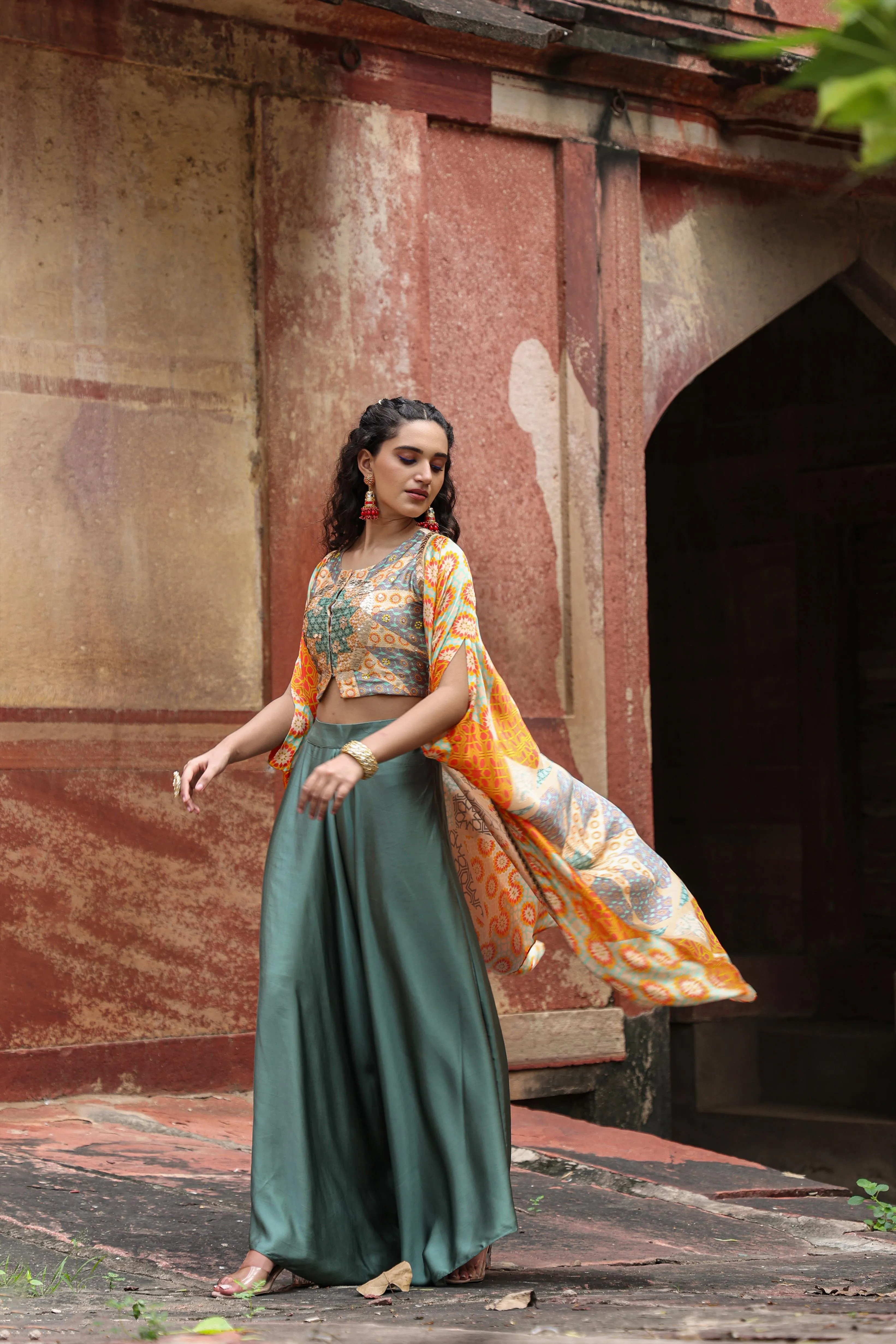 Orange Satin Printed Choli Palazzo Cape Set
