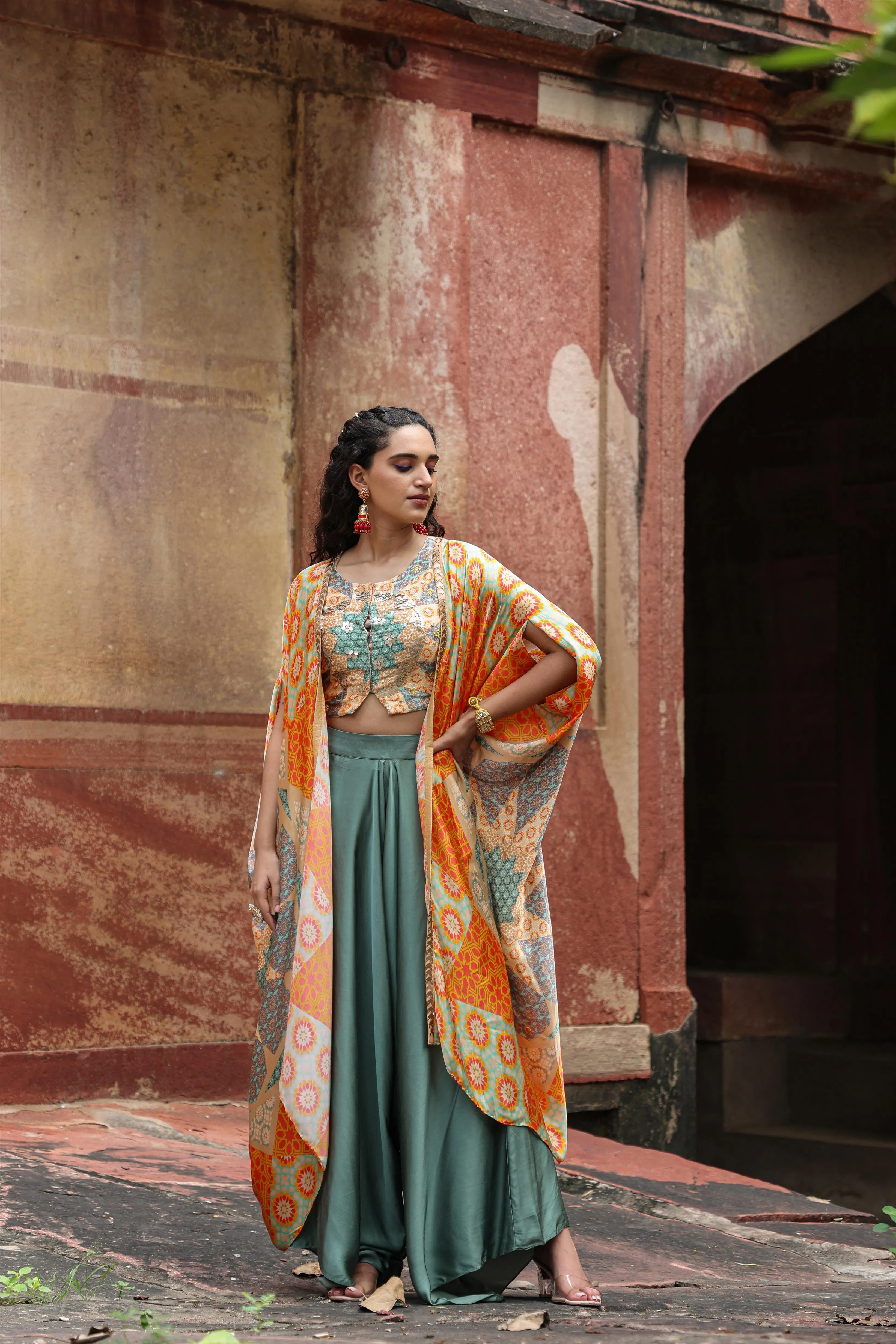 Orange Satin Printed Choli Palazzo Cape Set