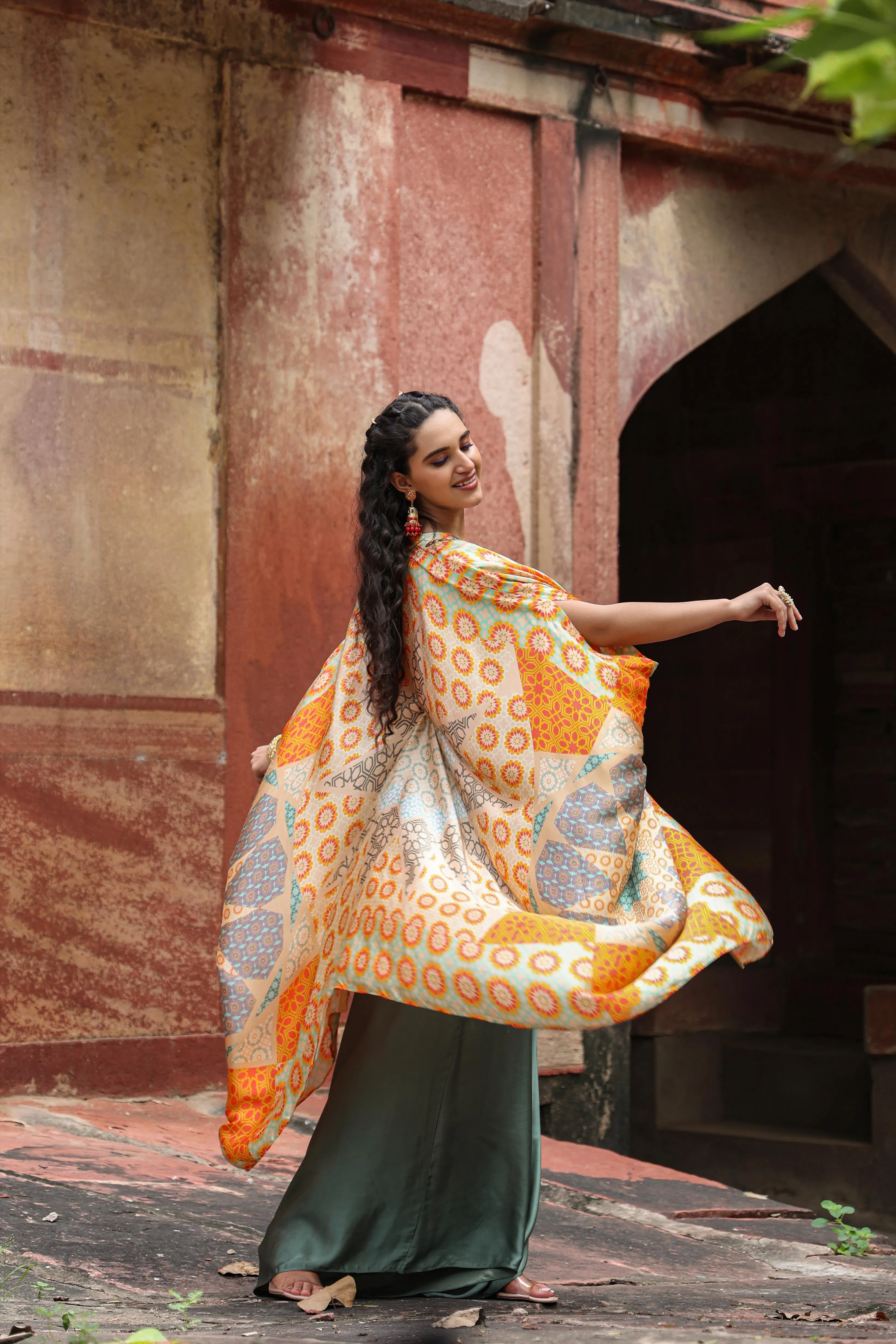 Orange Satin Printed Choli Palazzo Cape Set