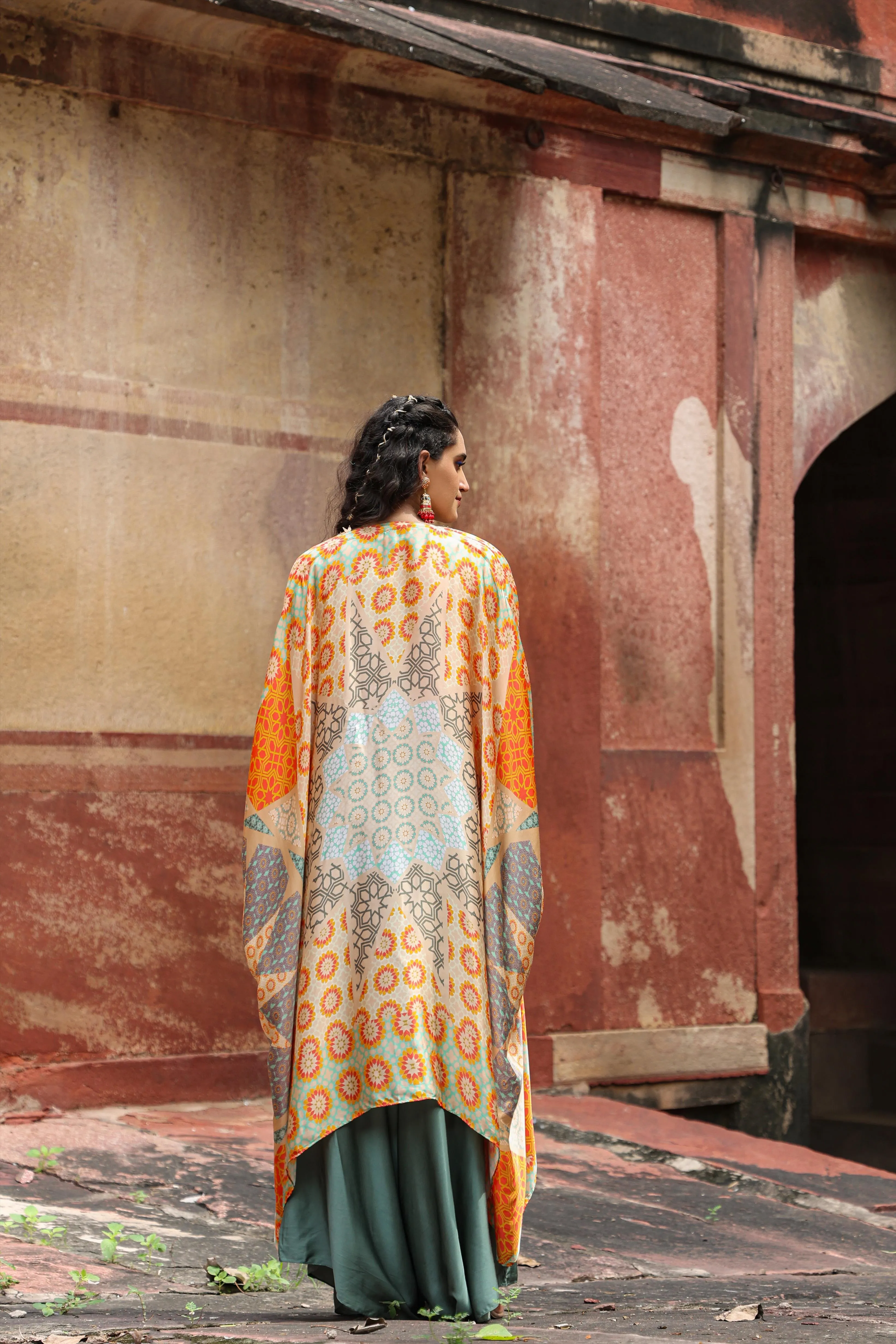 Orange Satin Printed Choli Palazzo Cape Set