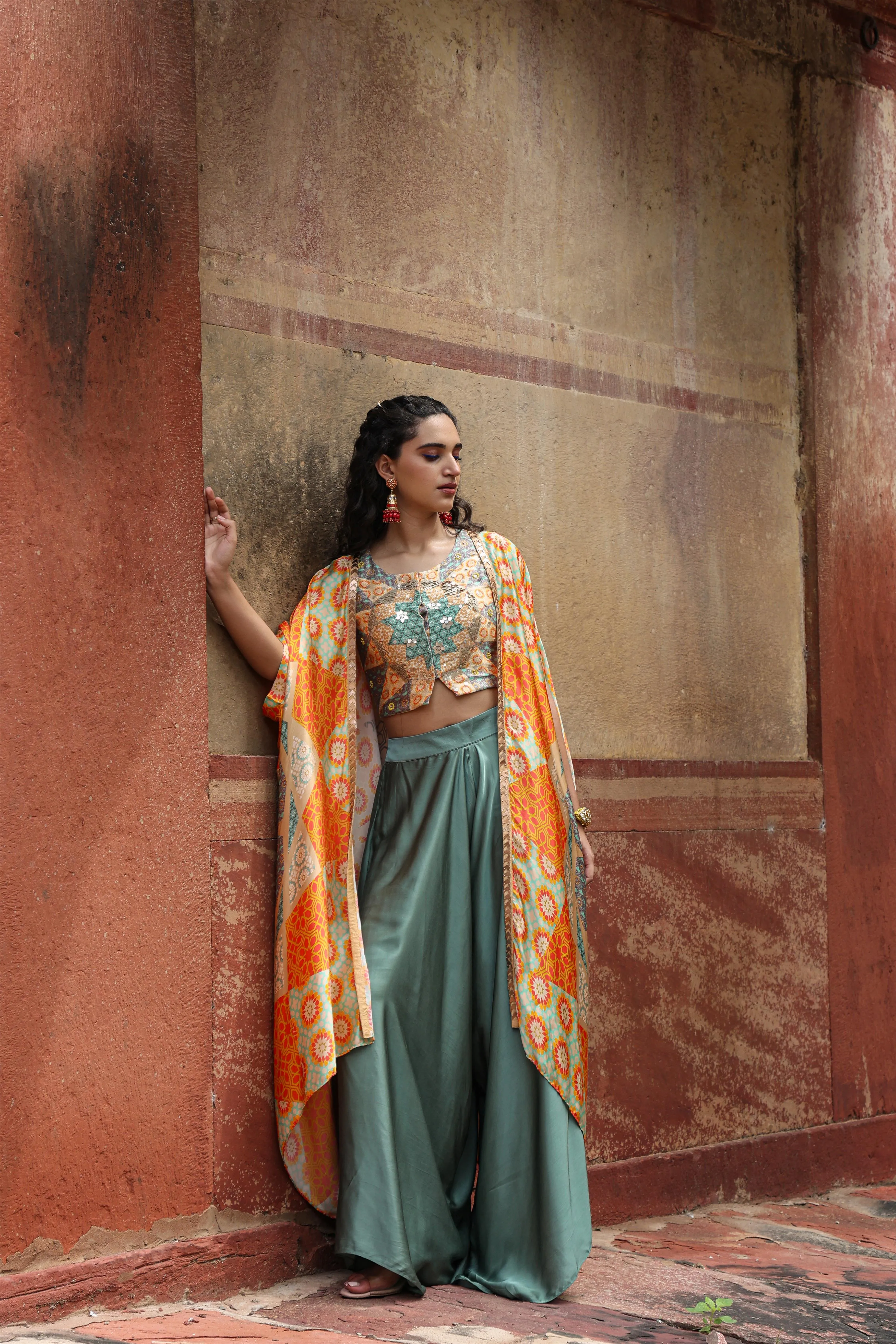 Orange Satin Printed Choli Palazzo Cape Set