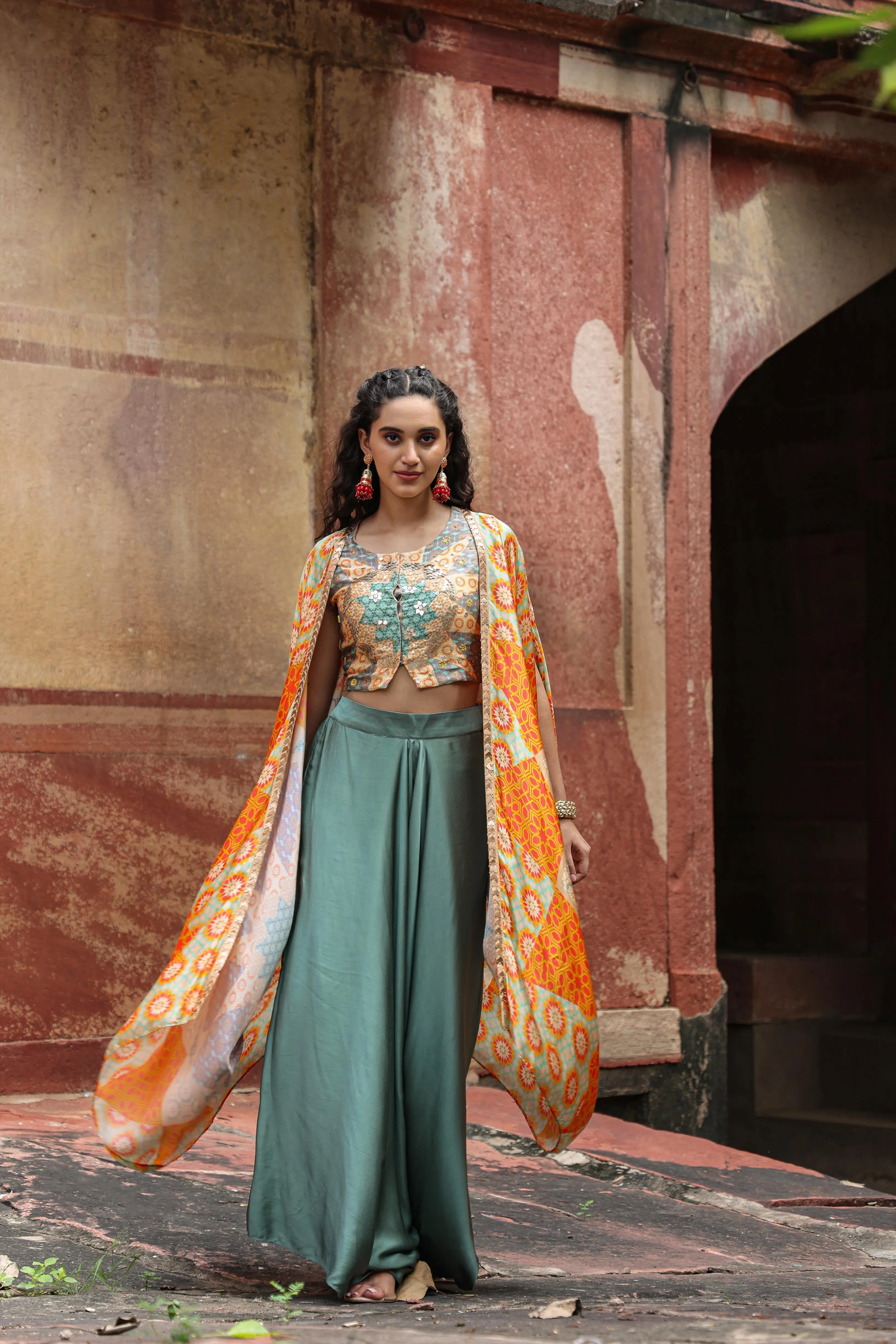 Orange Satin Printed Choli Palazzo Cape Set