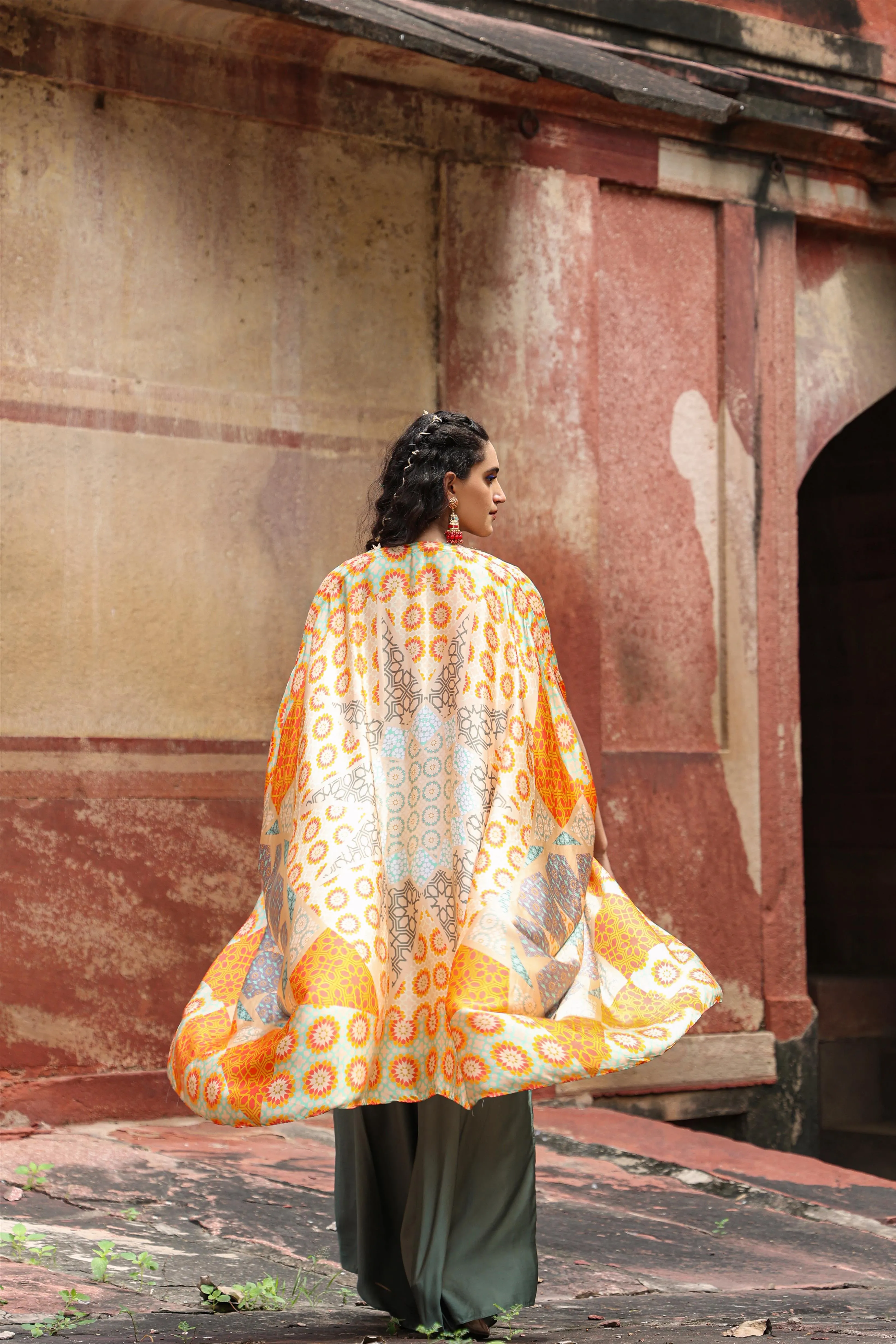Orange Satin Printed Choli Palazzo Cape Set