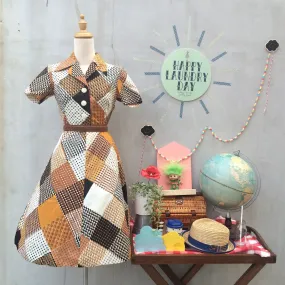 Patched a Heart | Vintage 1960s 1970s patchwork houndstooth patterned print Shirtwaist dress