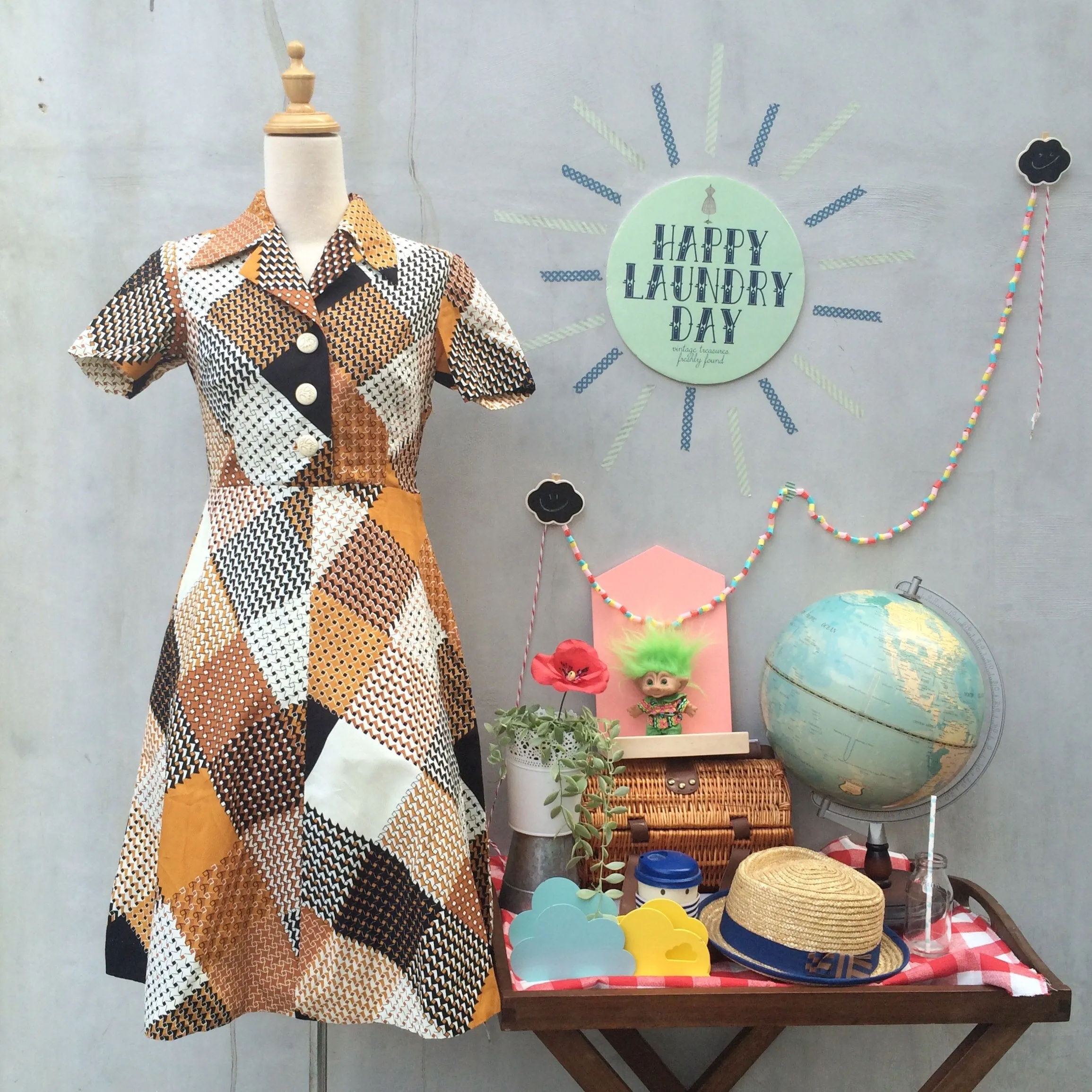Patched a Heart | Vintage 1960s 1970s patchwork houndstooth patterned print Shirtwaist dress