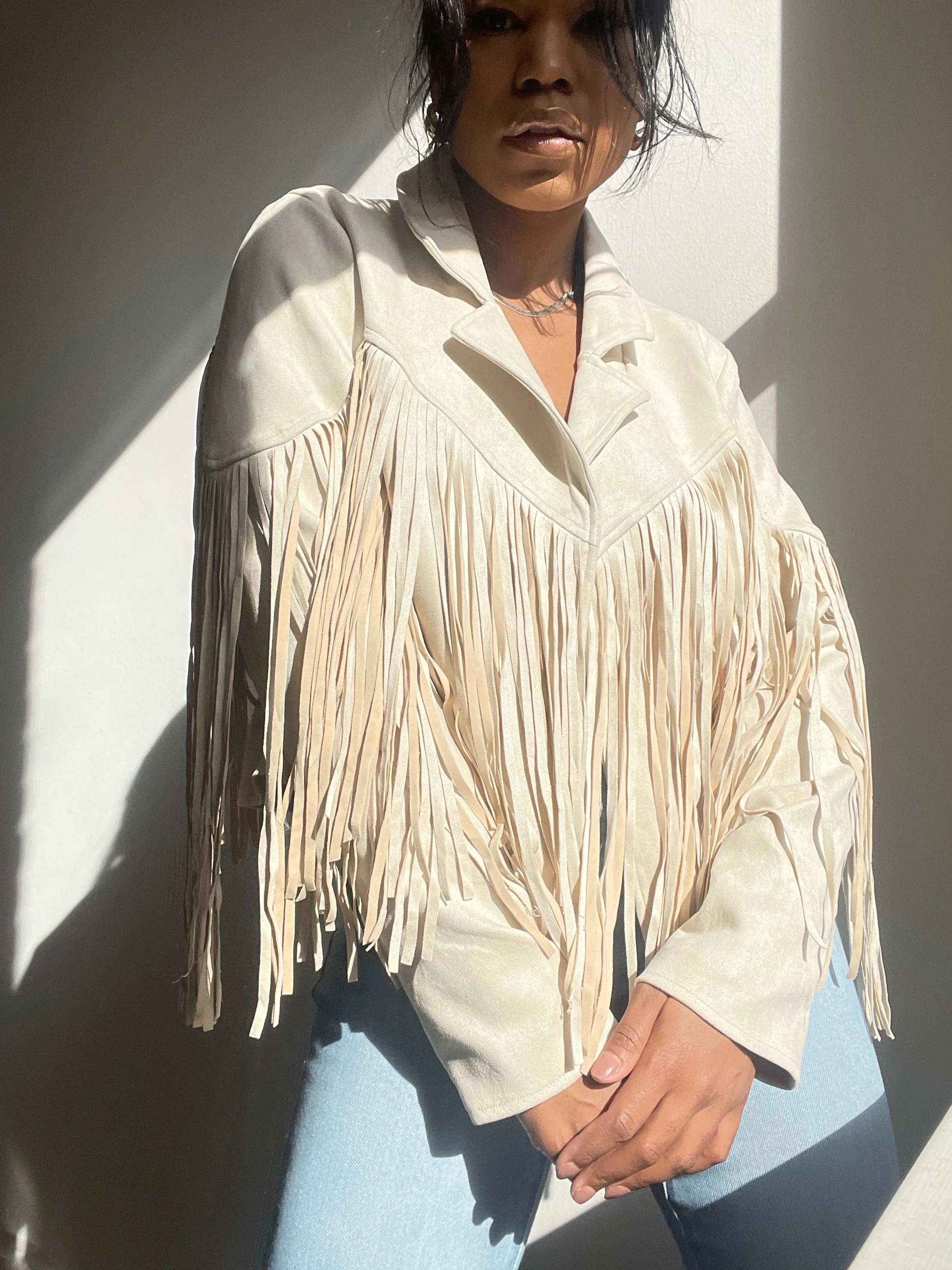 Pattie Vegan Suede Moto Fringe Jacket In Ivory Cream