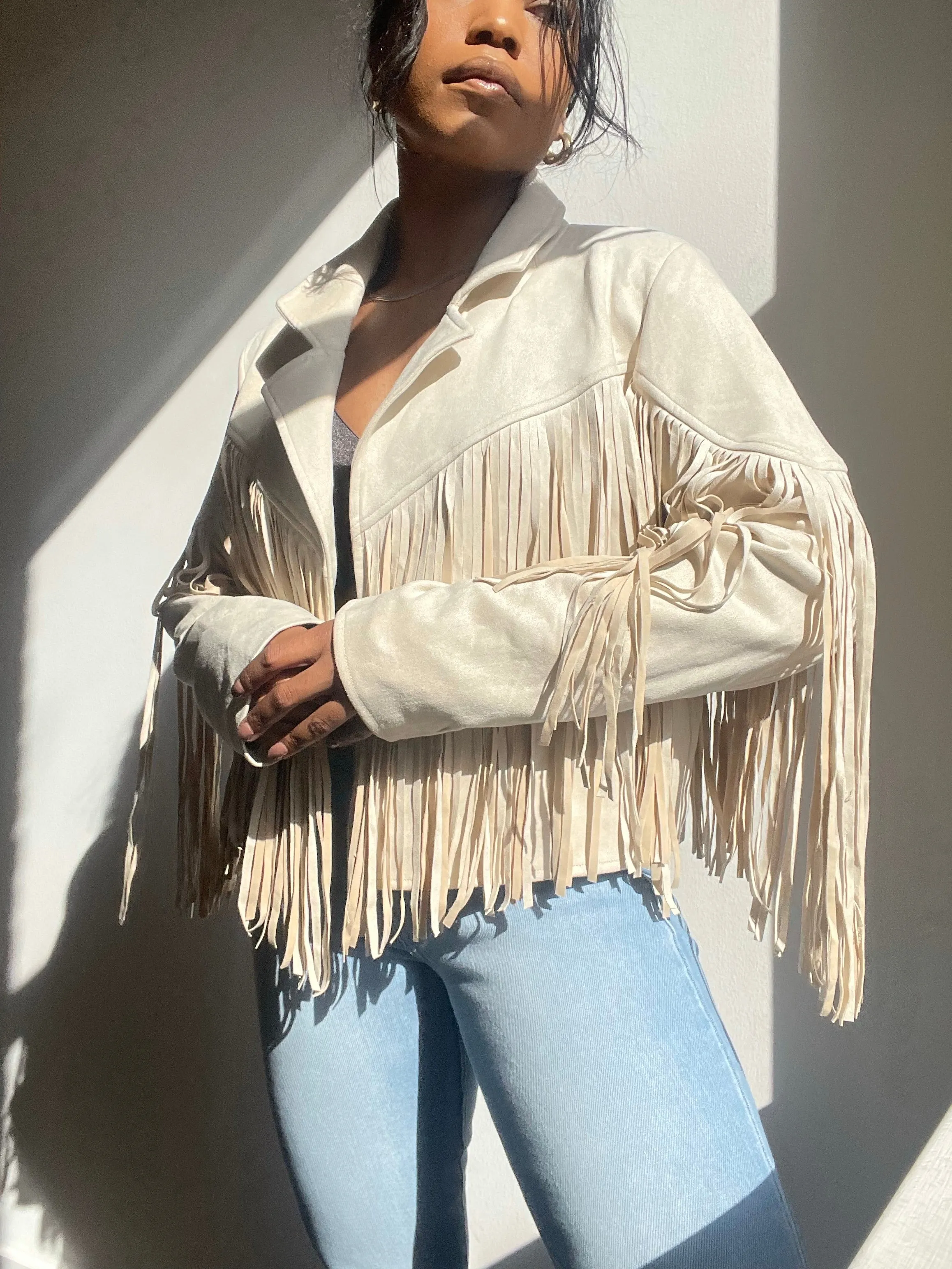 Pattie Vegan Suede Moto Fringe Jacket In Ivory Cream