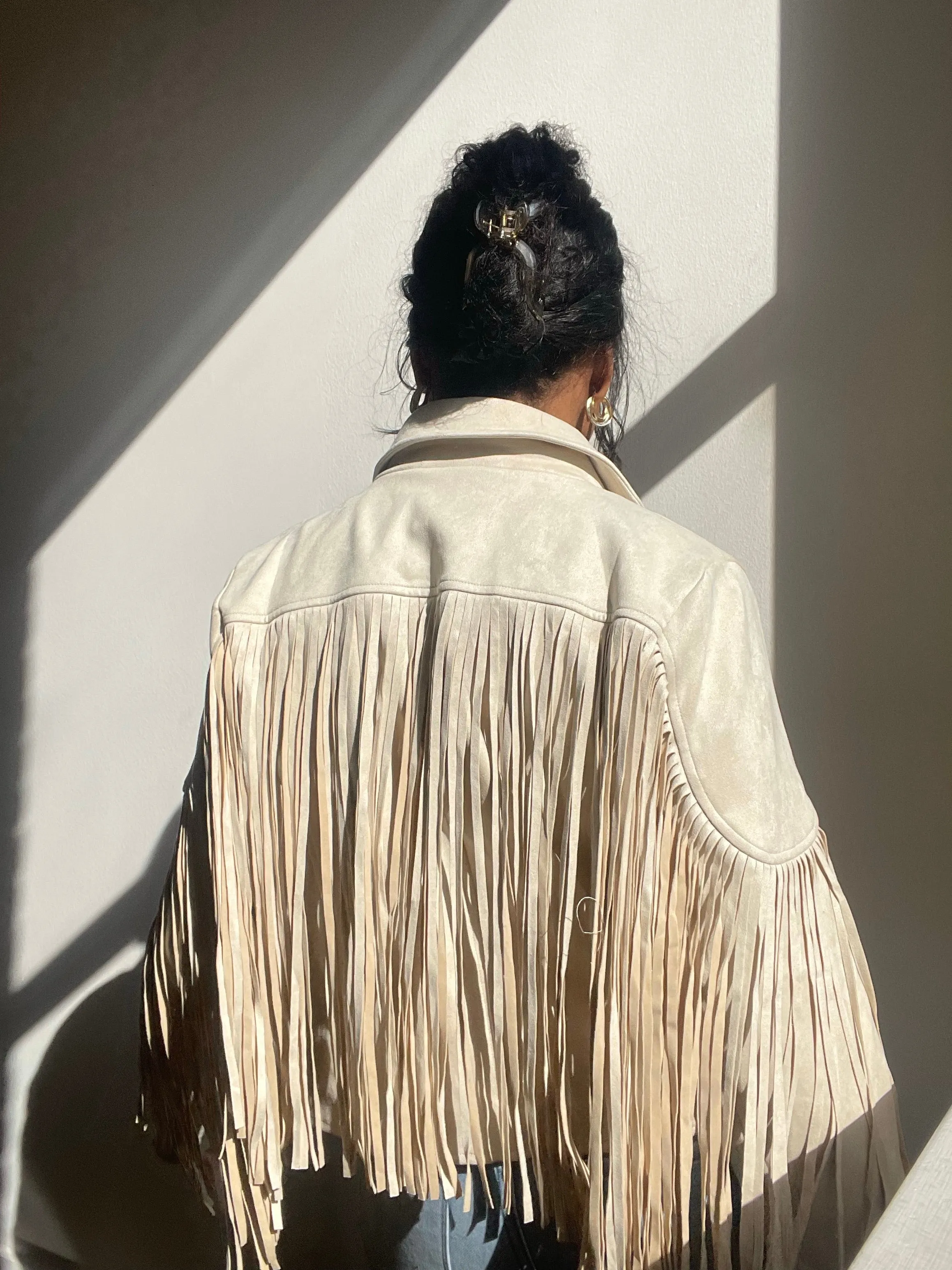 Pattie Vegan Suede Moto Fringe Jacket In Ivory Cream
