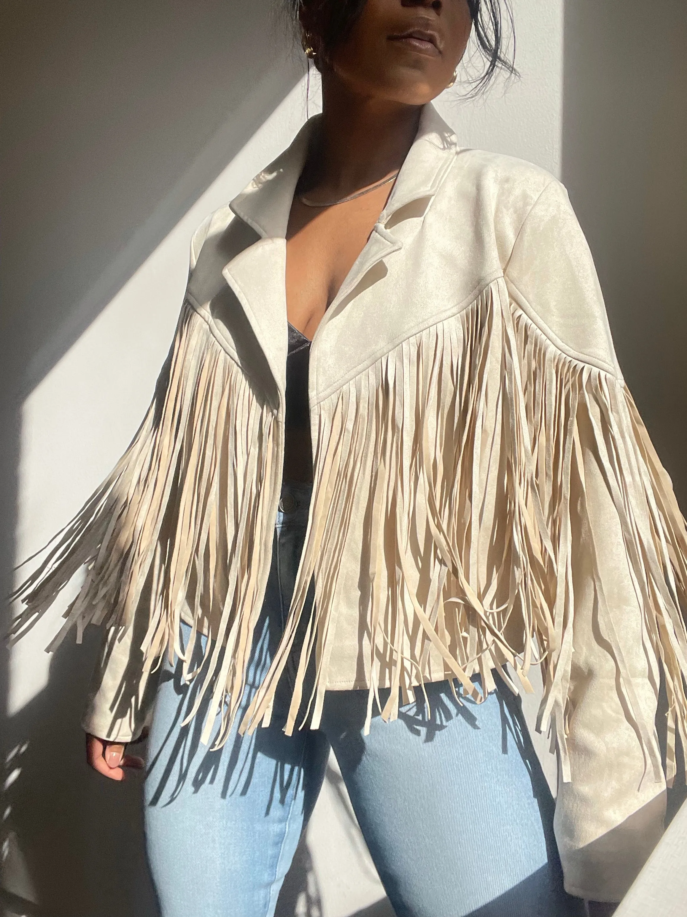 Pattie Vegan Suede Moto Fringe Jacket In Ivory Cream