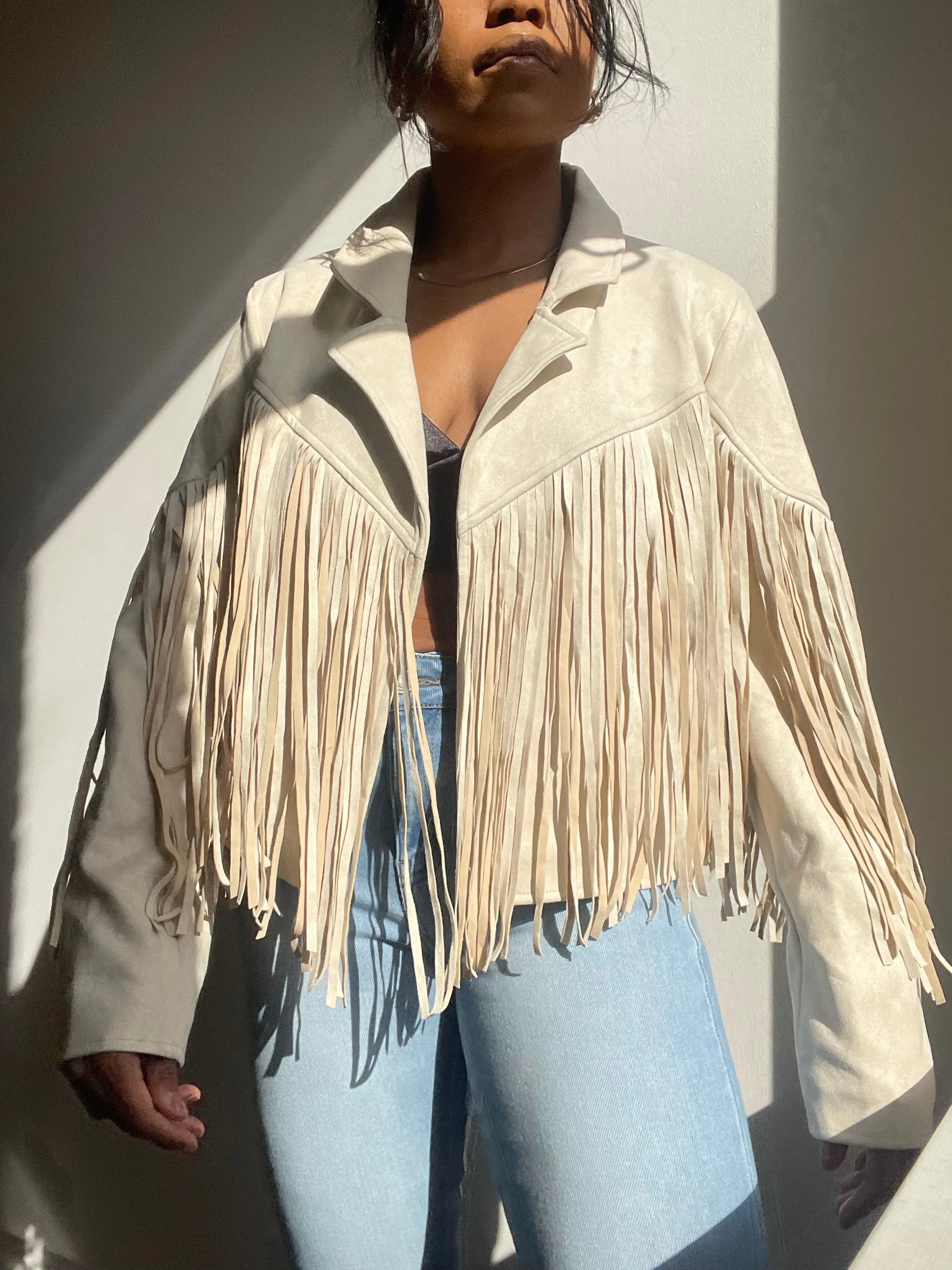 Pattie Vegan Suede Moto Fringe Jacket In Ivory Cream