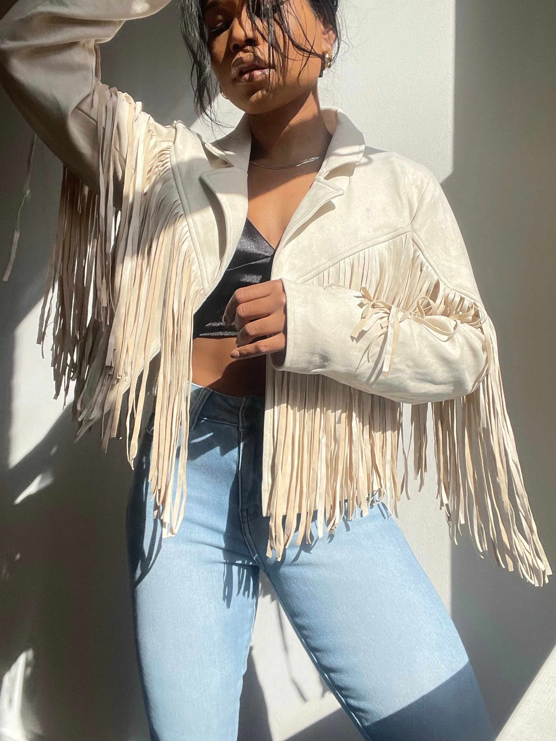 Pattie Vegan Suede Moto Fringe Jacket In Ivory Cream