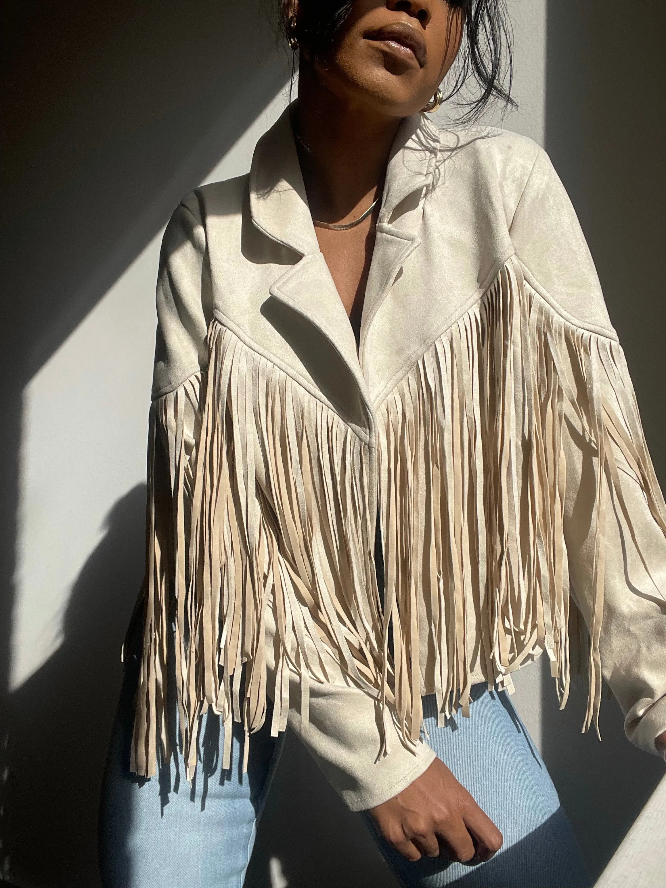 Pattie Vegan Suede Moto Fringe Jacket In Ivory Cream