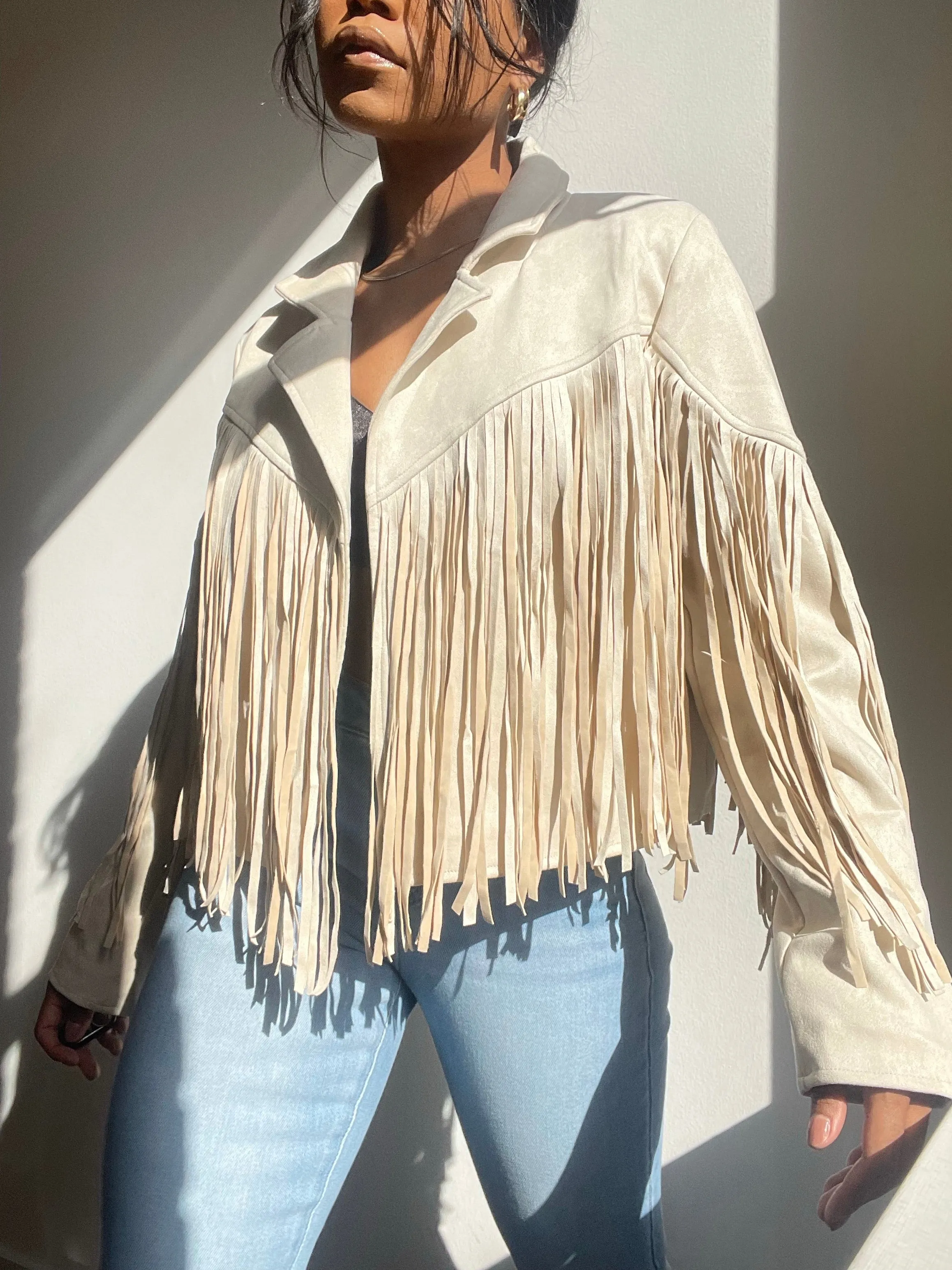 Pattie Vegan Suede Moto Fringe Jacket In Ivory Cream