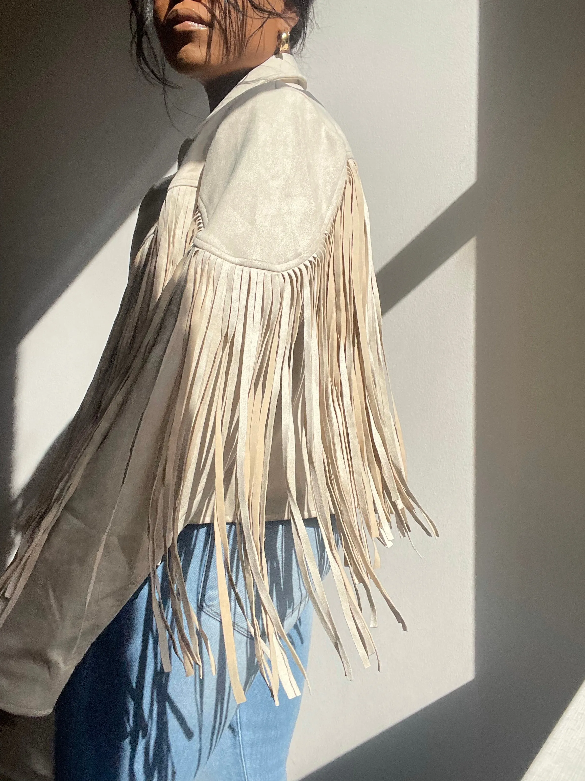 Pattie Vegan Suede Moto Fringe Jacket In Ivory Cream