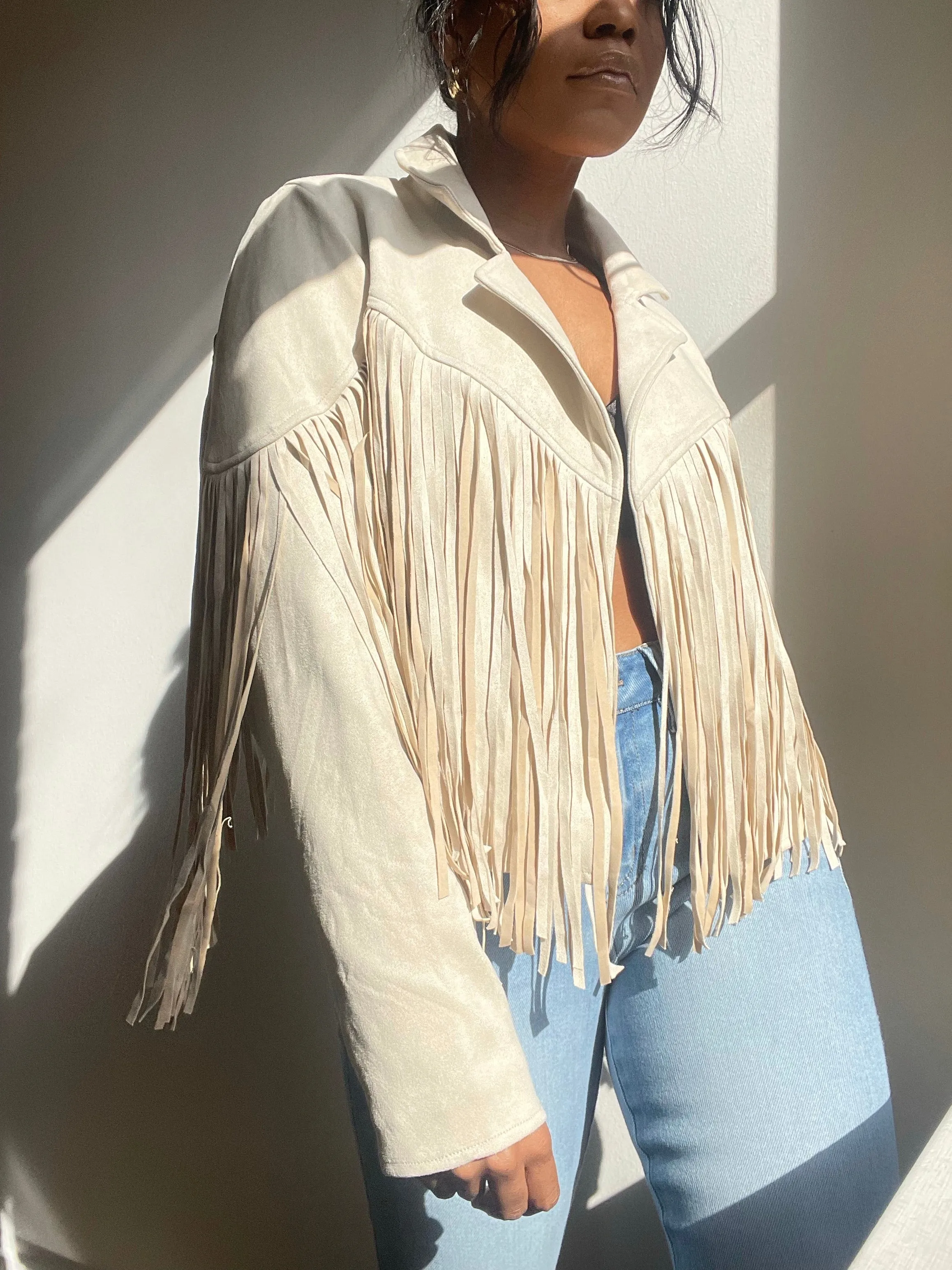 Pattie Vegan Suede Moto Fringe Jacket In Ivory Cream