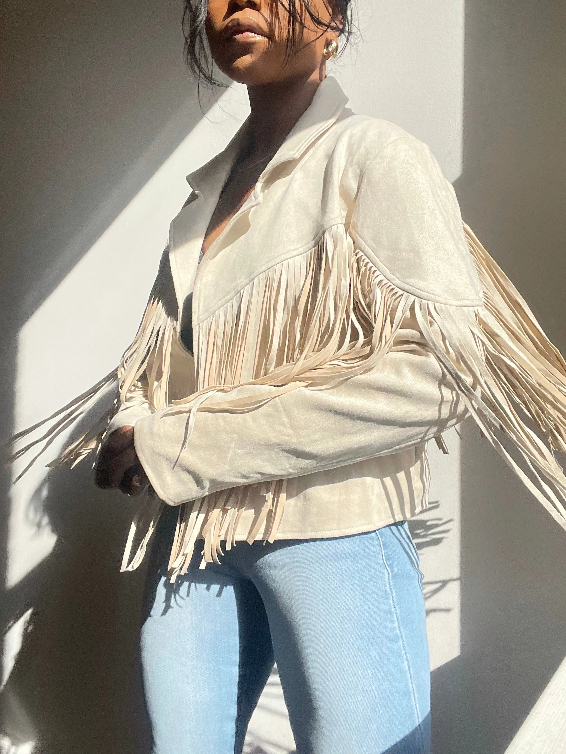 Pattie Vegan Suede Moto Fringe Jacket In Ivory Cream