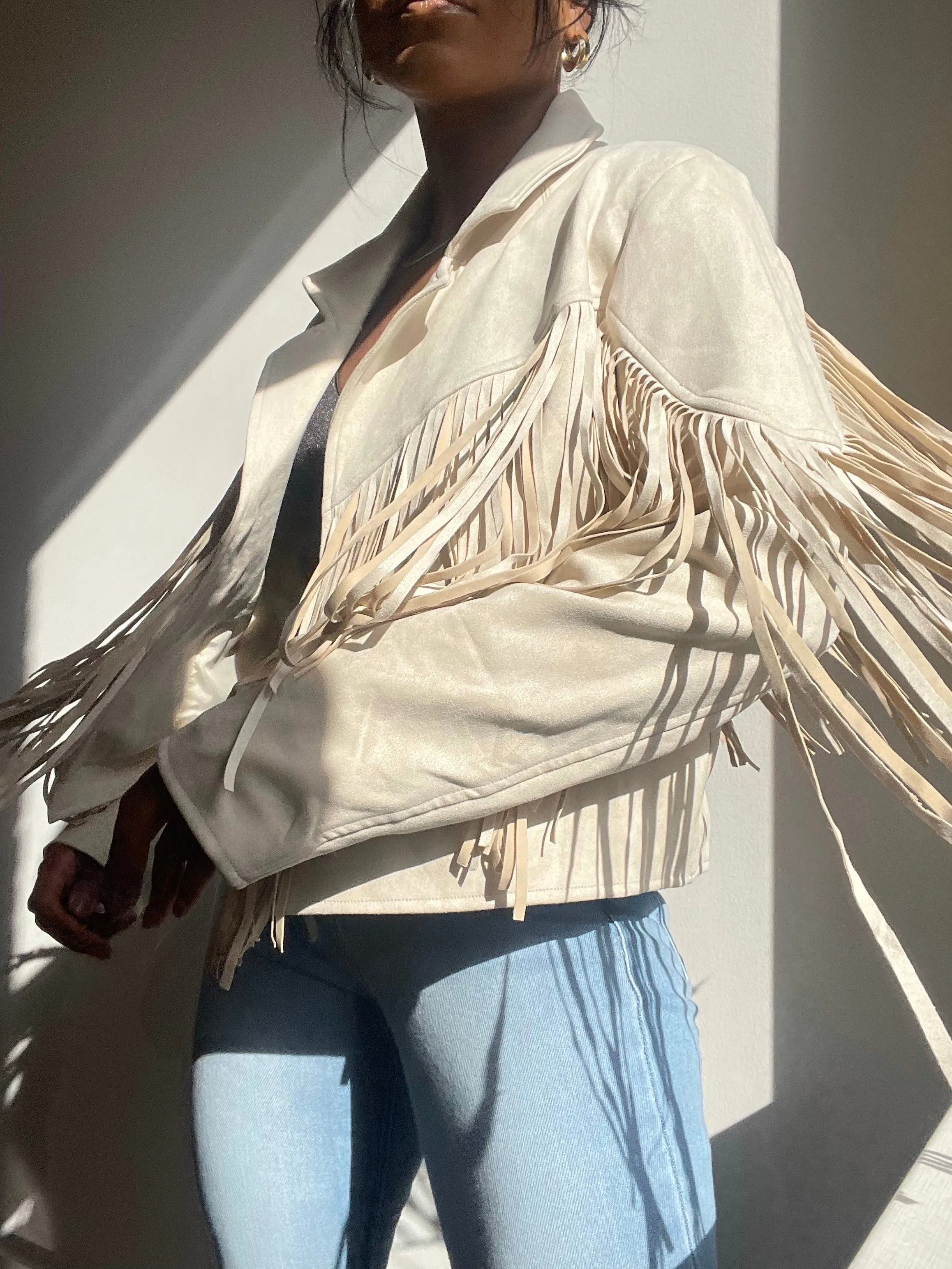 Pattie Vegan Suede Moto Fringe Jacket In Ivory Cream