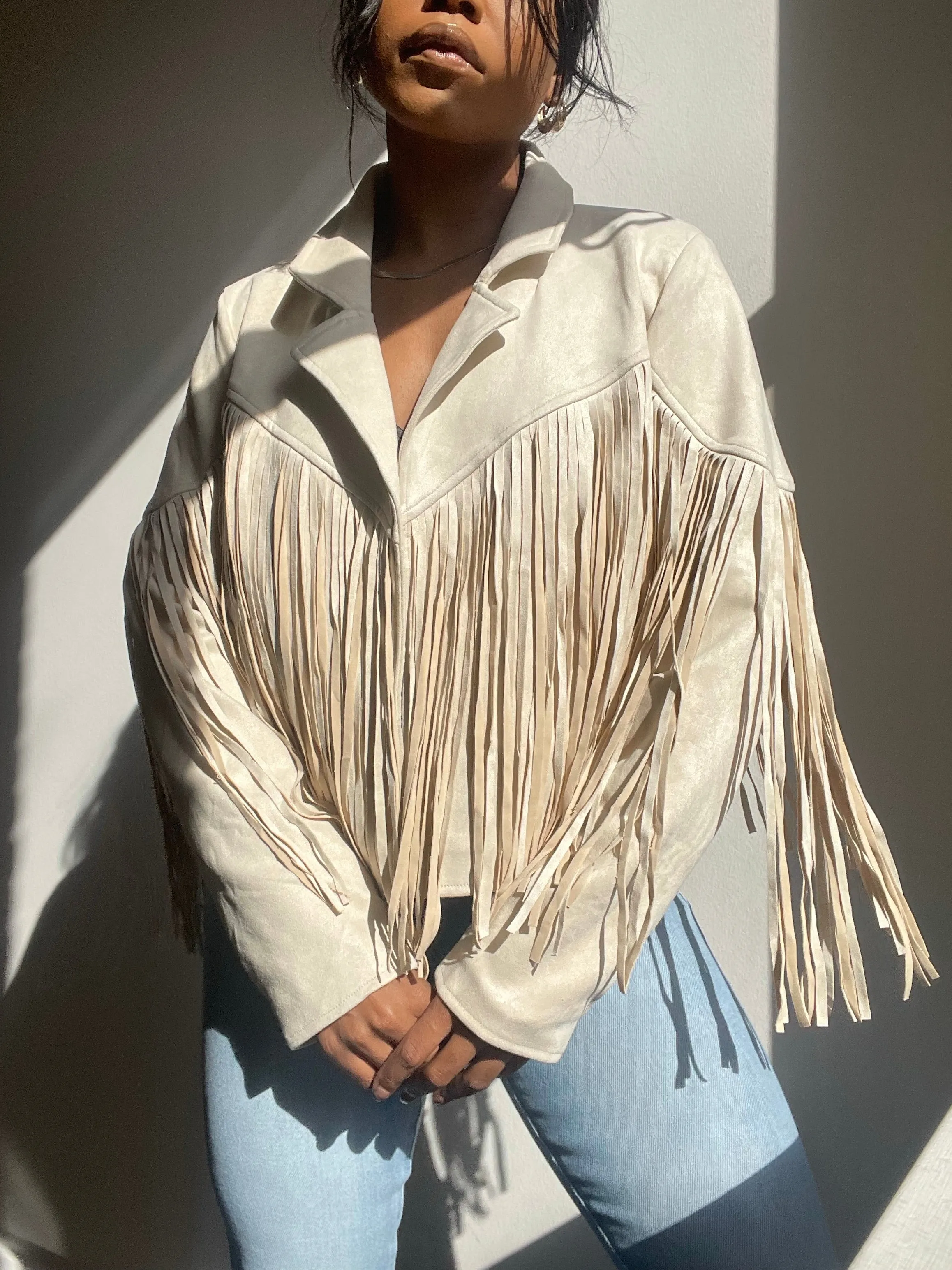 Pattie Vegan Suede Moto Fringe Jacket In Ivory Cream