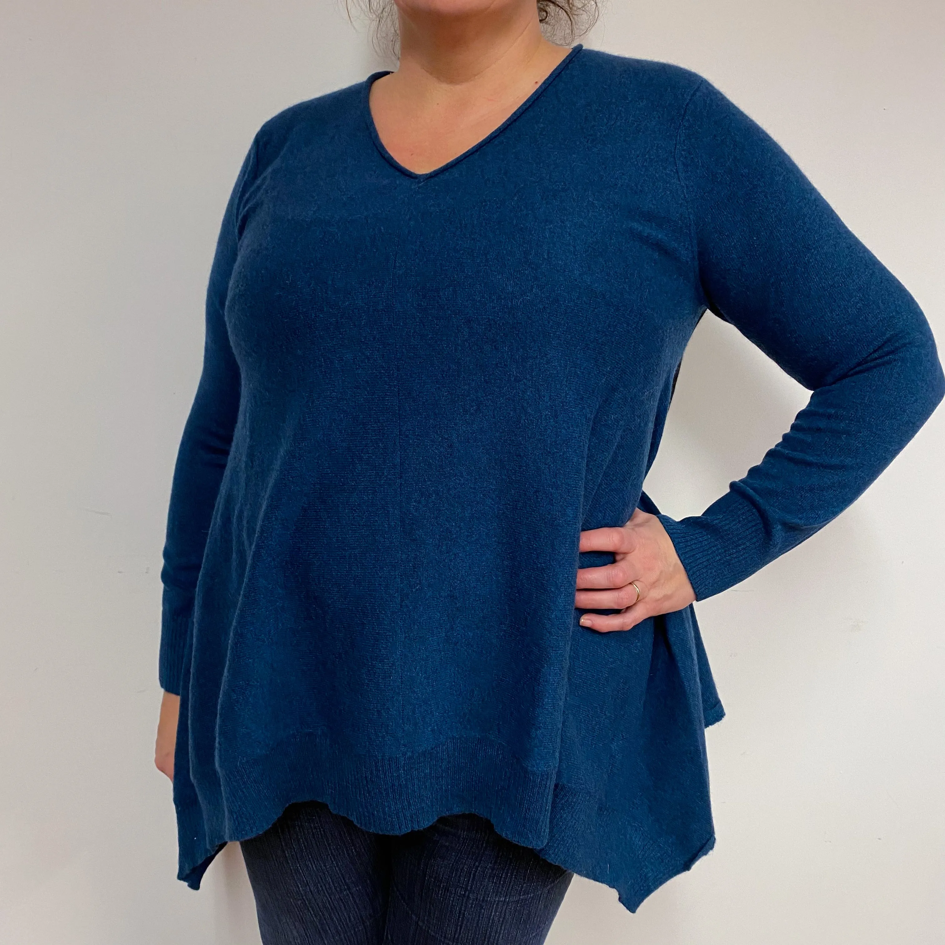 Petrol Blue Floaty Cashmere V-Neck Tunic Extra Large