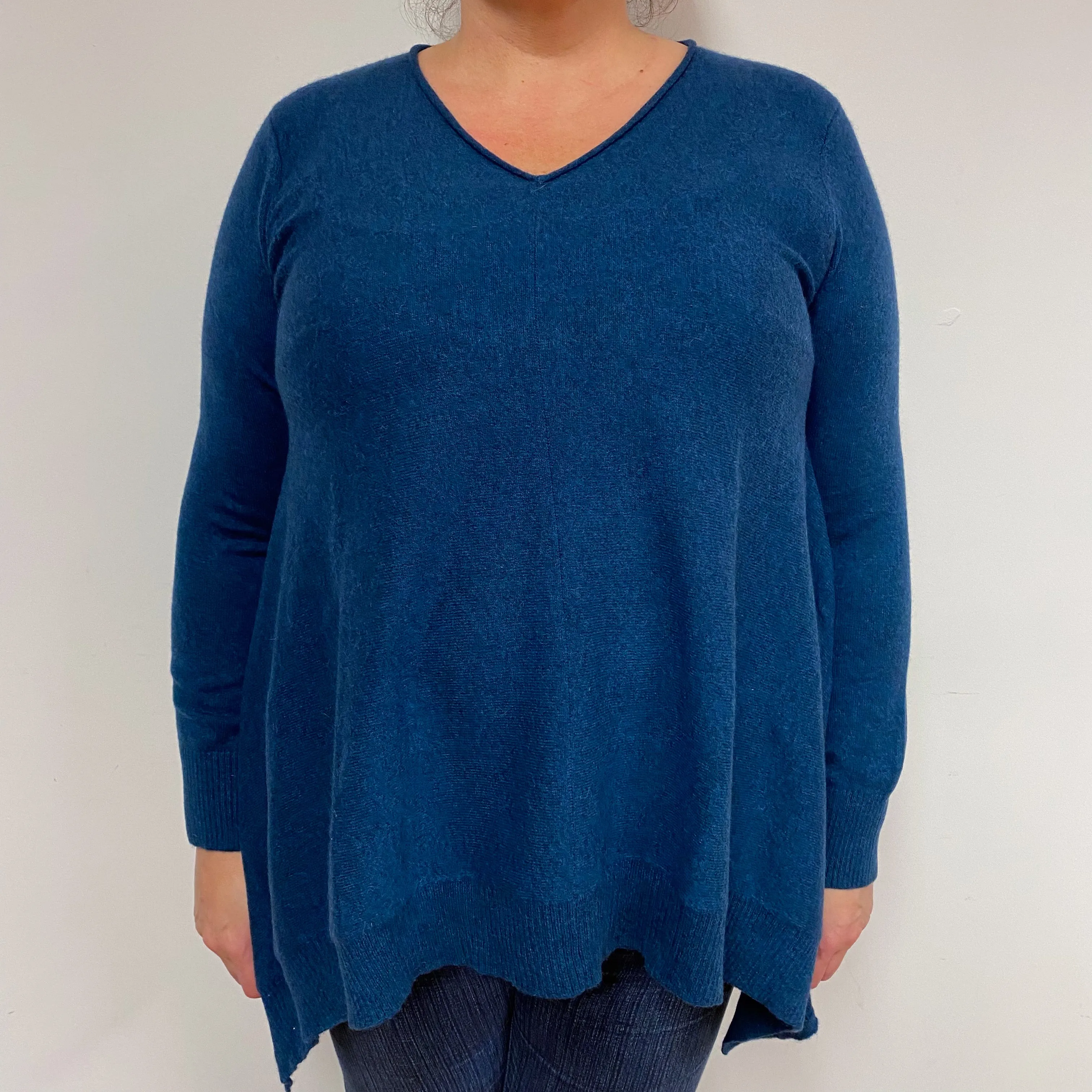 Petrol Blue Floaty Cashmere V-Neck Tunic Extra Large