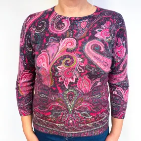 Pink Purple Paisley Cashmere Crew Neck Jumper Large