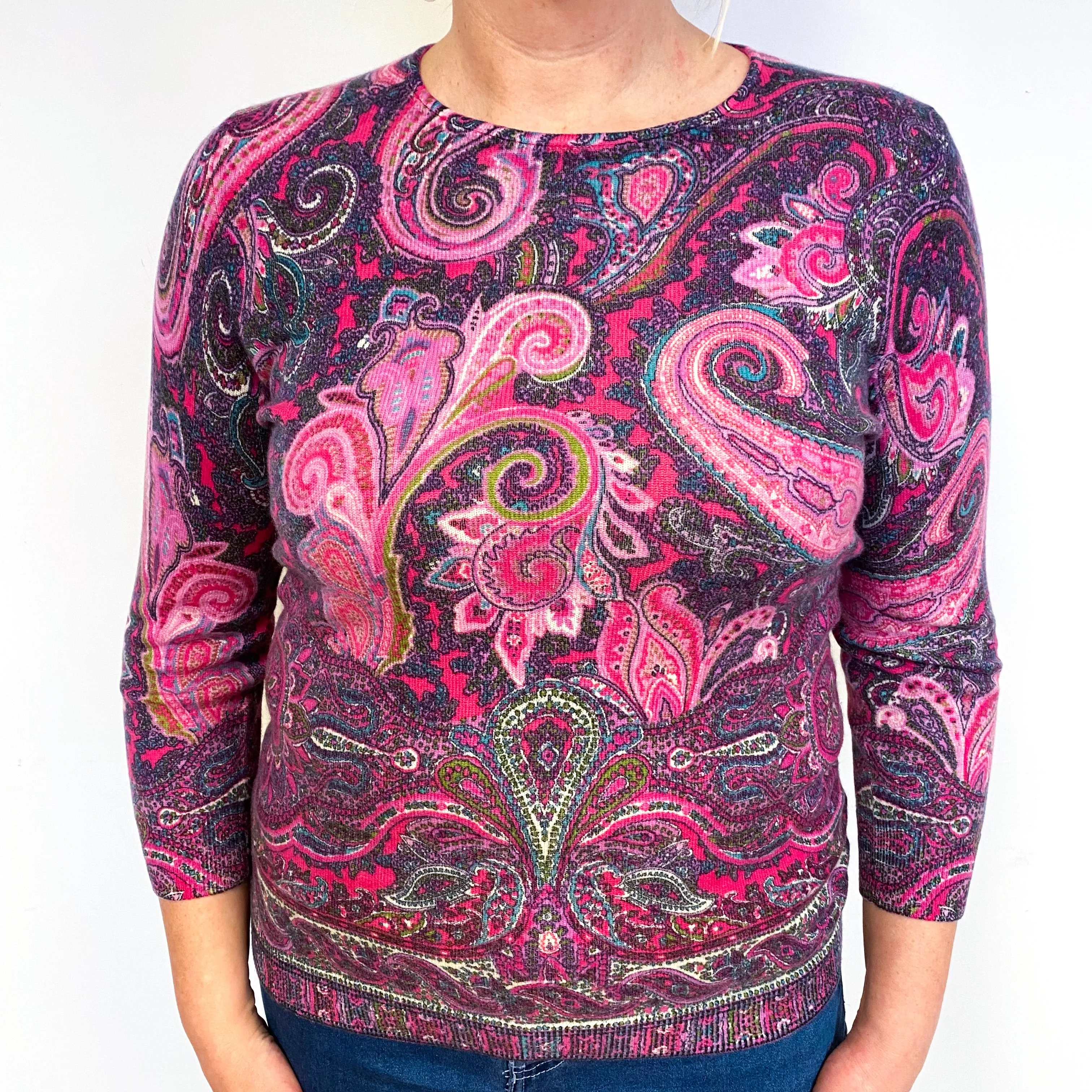 Pink Purple Paisley Cashmere Crew Neck Jumper Large