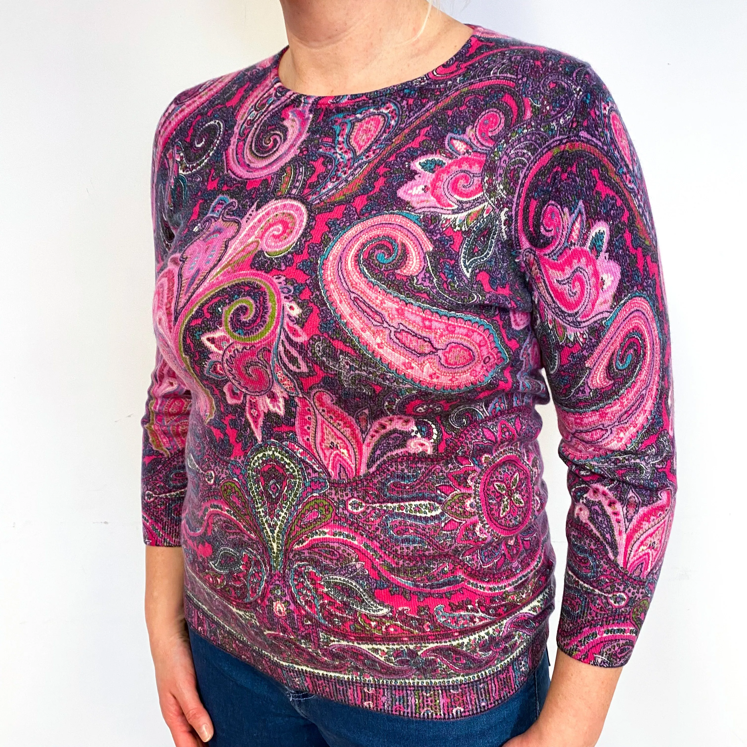 Pink Purple Paisley Cashmere Crew Neck Jumper Large