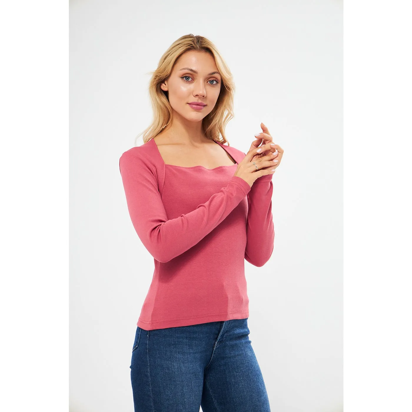 Pink Rib Swan Neck Top