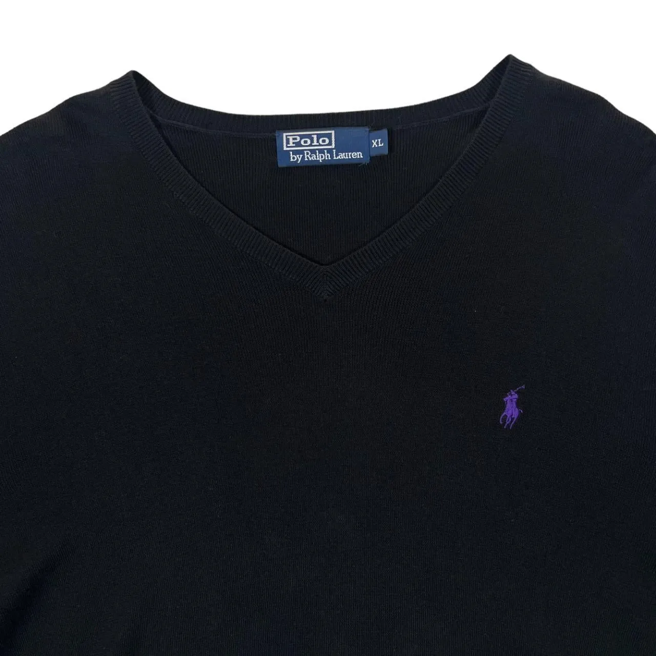POLO RALPH LAUREN Classic Embroidered Mini Logo V-Neck Black Knit Sweater Jumper