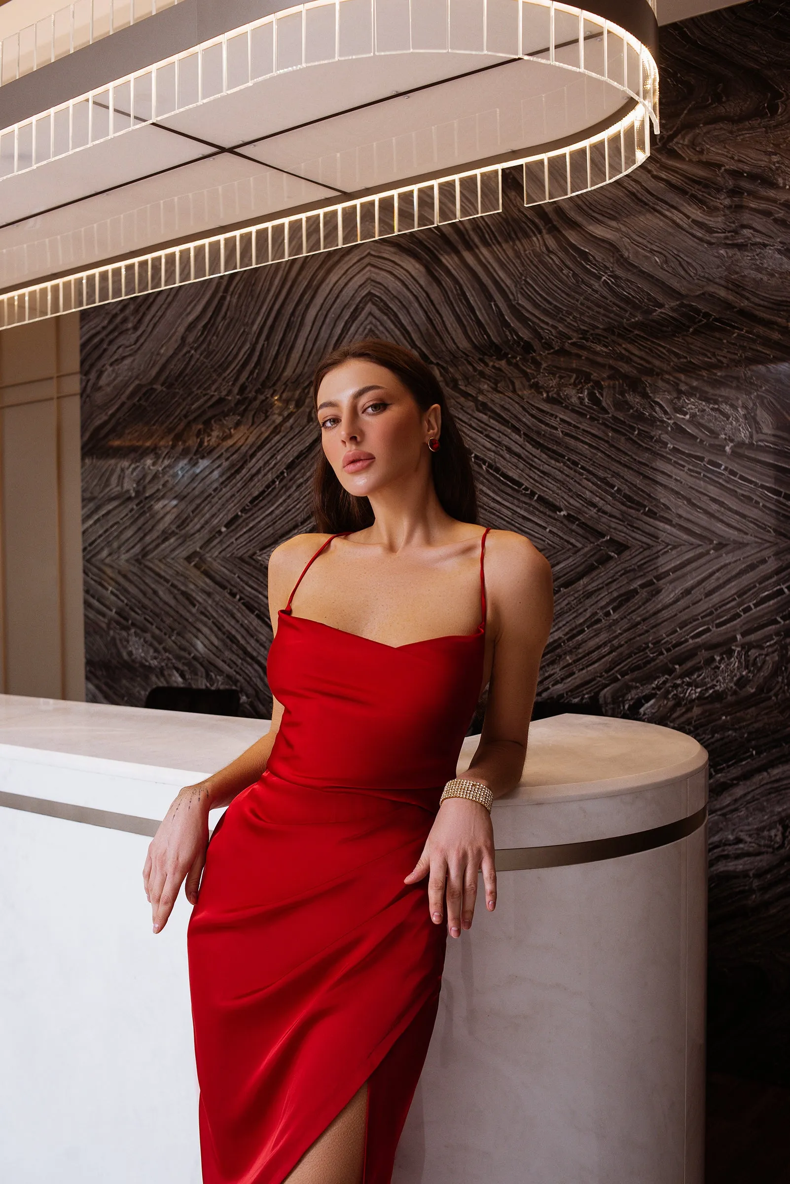 Red Satin Slip Midi Dress