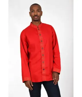 Red shirt embroidered in gold thread and metal buttons
