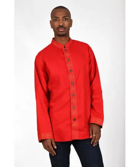 Red shirt embroidered in gold thread and metal buttons