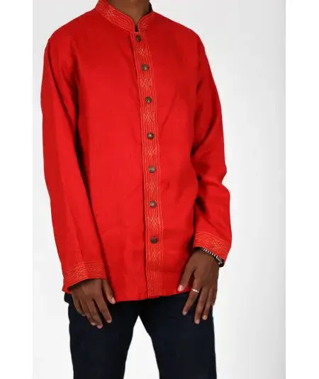 Red shirt embroidered in gold thread and metal buttons