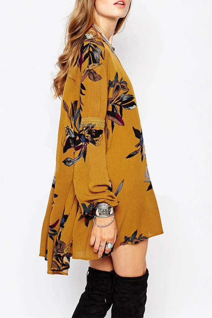 Retro Print Swing Tunic Dress Yellow