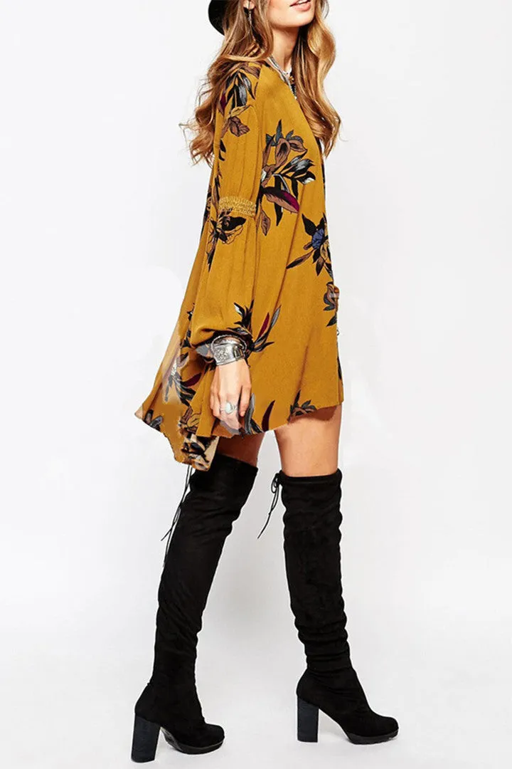 Retro Print Swing Tunic Dress Yellow