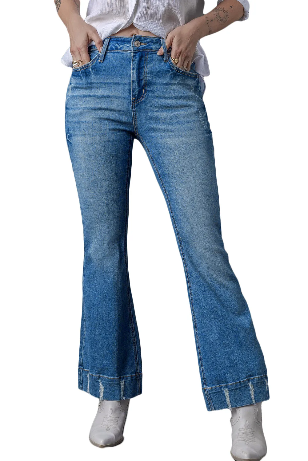 Slight Distressed Wash Flare Jeans