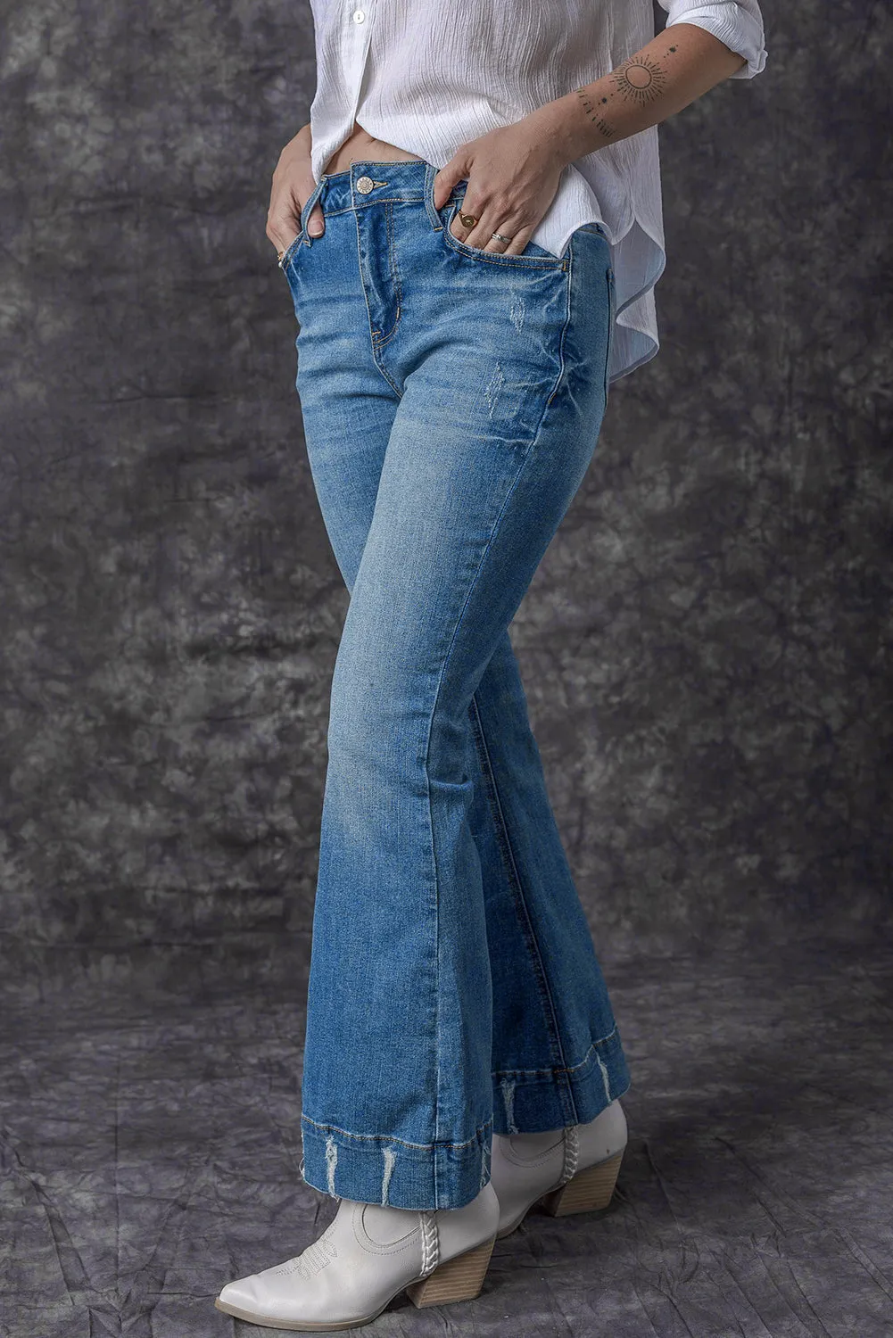 Slight Distressed Wash Flare Jeans