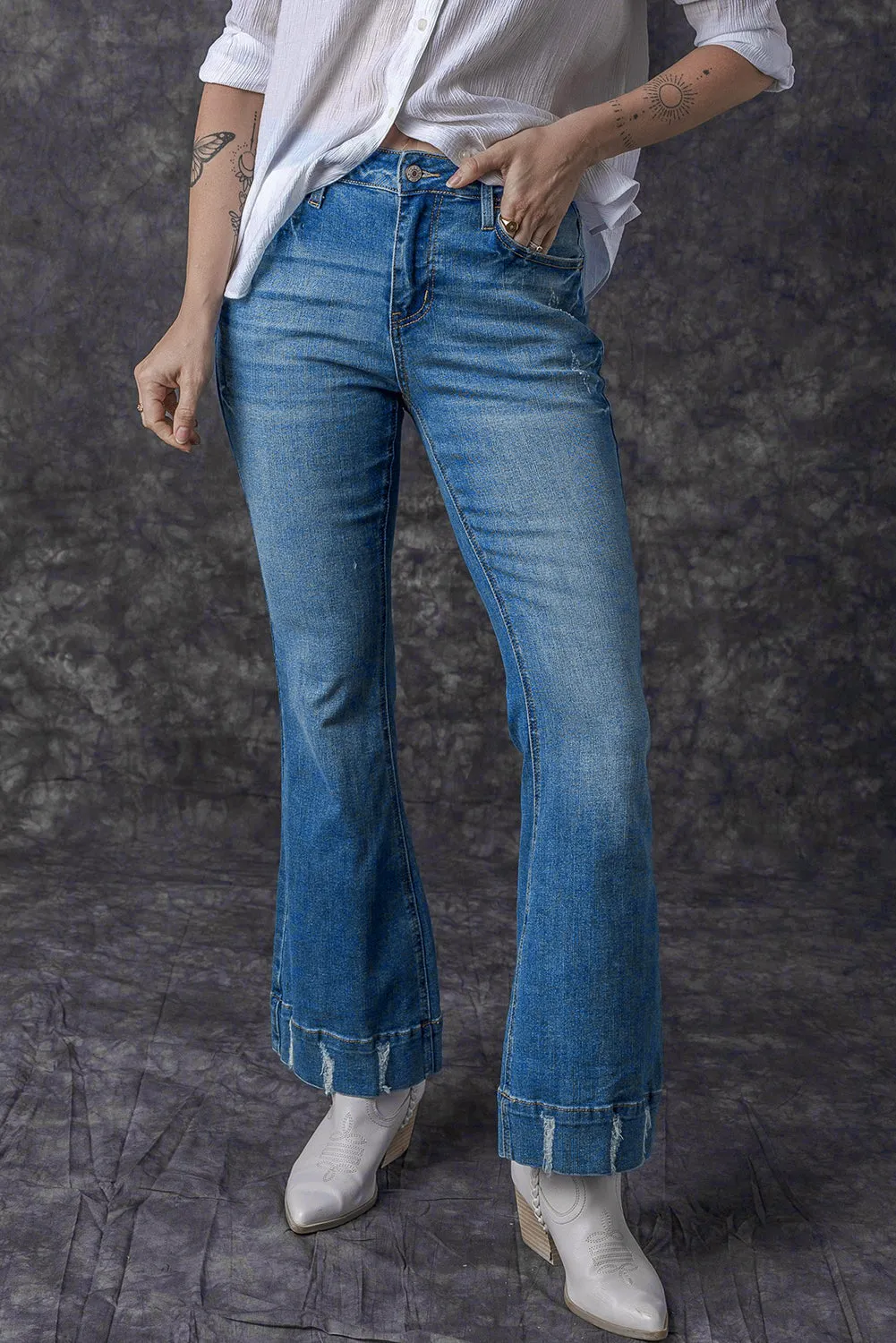 Slight Distressed Wash Flare Jeans