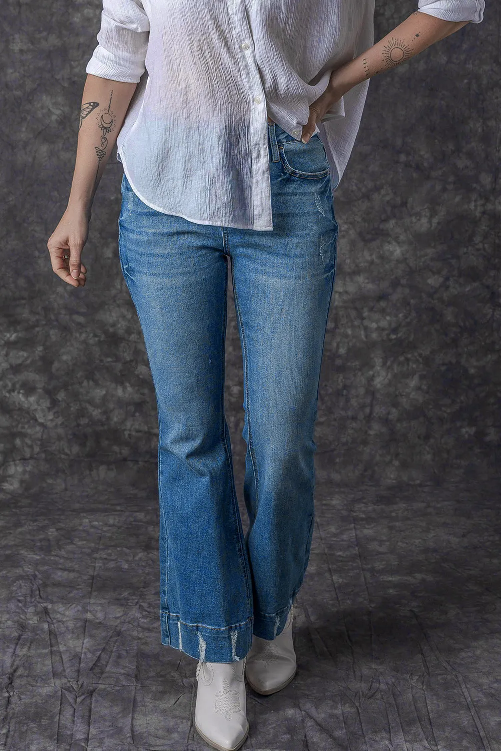 Slight Distressed Wash Flare Jeans