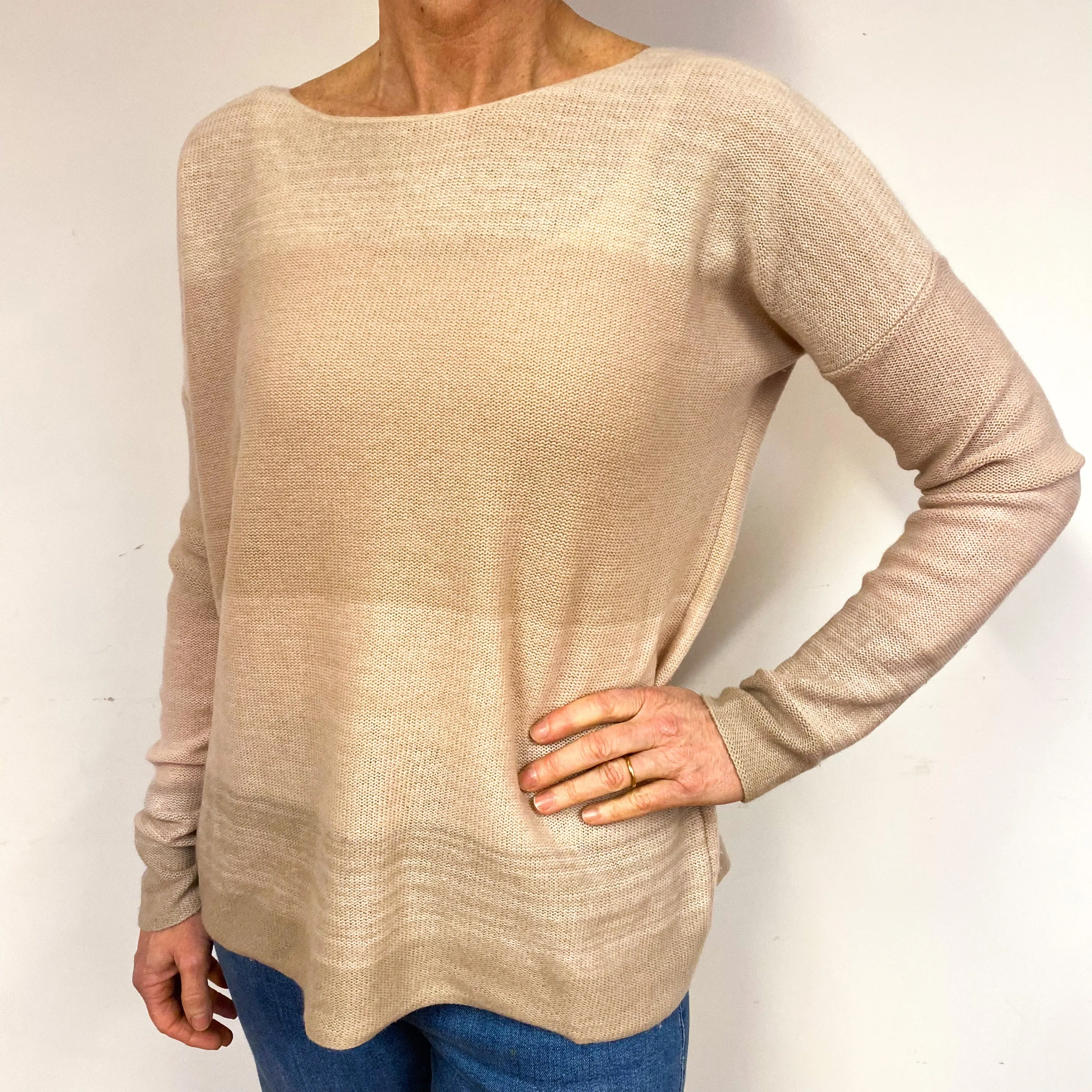 Slouchy Beige Stripe Cashmere Crew Neck Jumper Medium