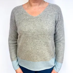 Smoke Grey Blue Trim Cashmere V-Neck Jumper Large