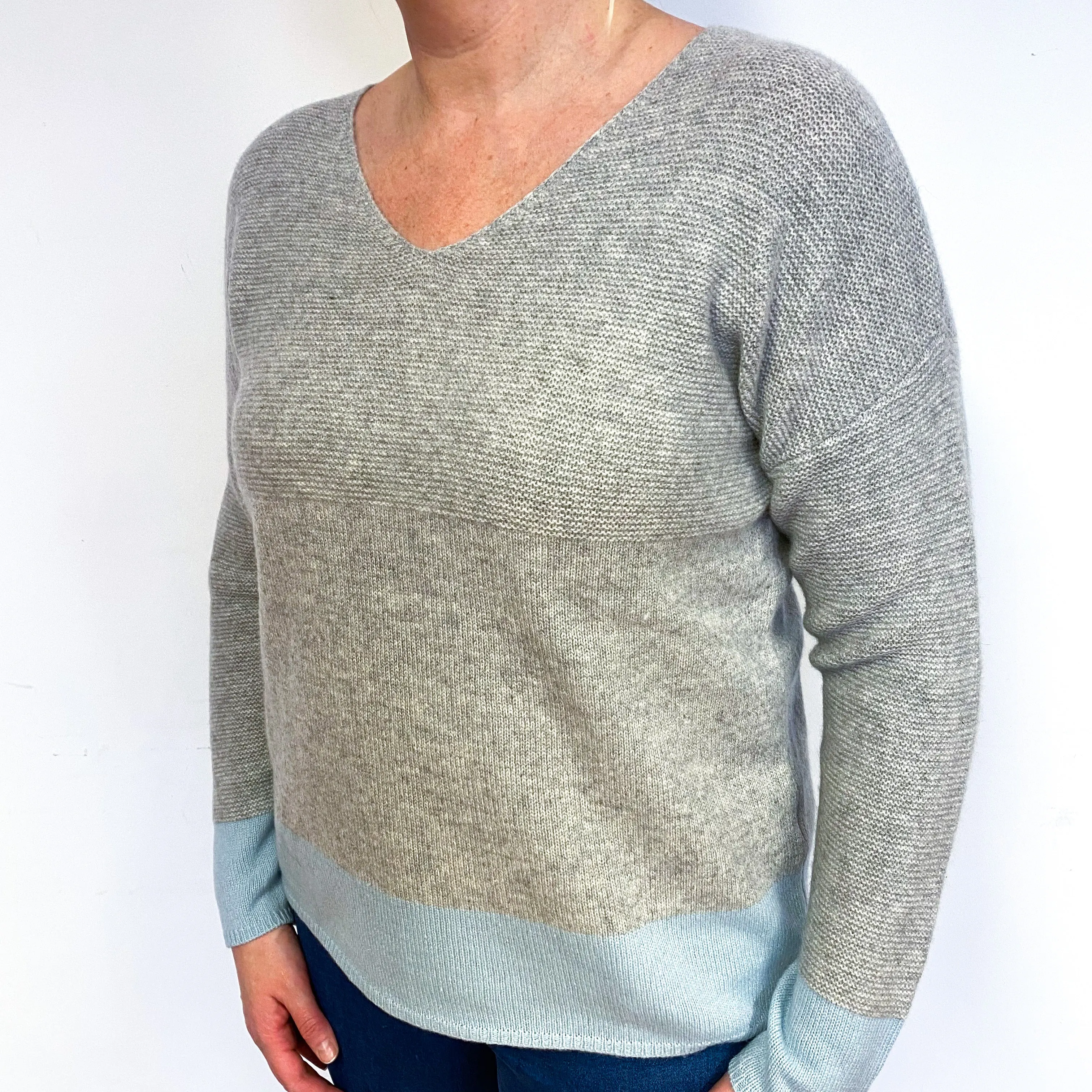 Smoke Grey Blue Trim Cashmere V-Neck Jumper Large