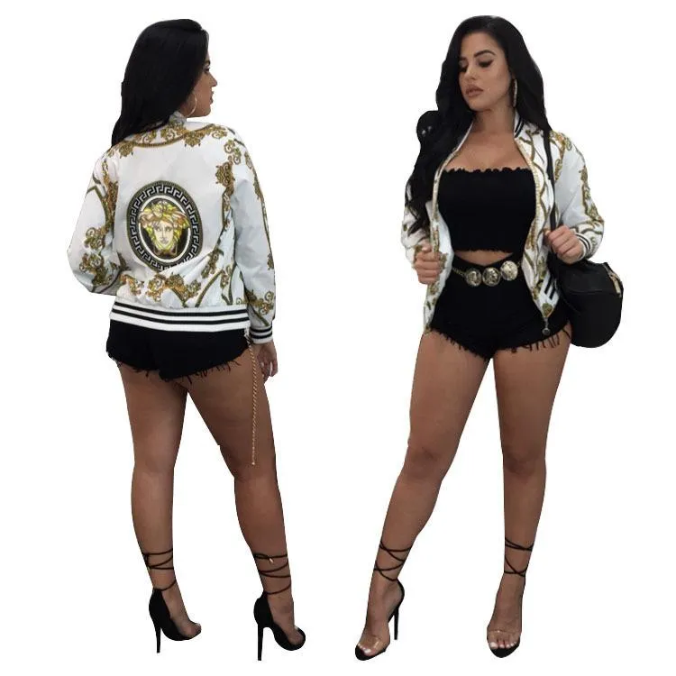 Stand Collar Women Print Cropped Short Jacket Coat