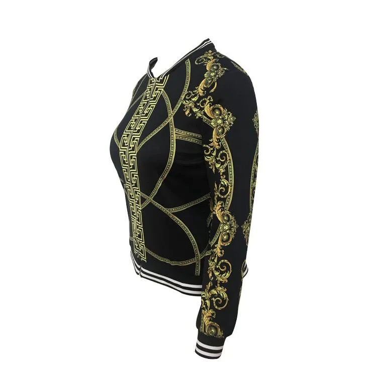Stand Collar Women Print Cropped Short Jacket Coat