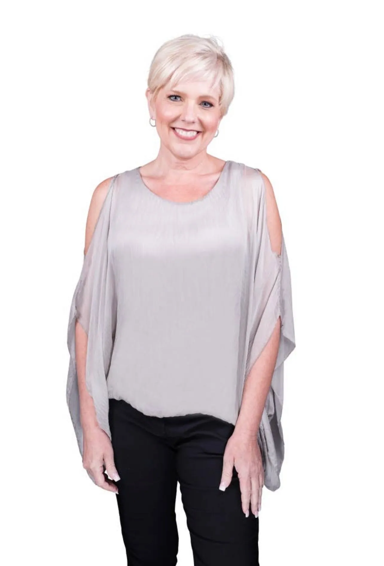 TEES BY TINA BT224 Tenley Cold Shoulder Silk Convertible Tank