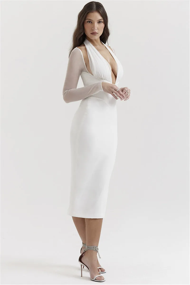 Teresa Halter Deep V Neck Sexy Midi Dress